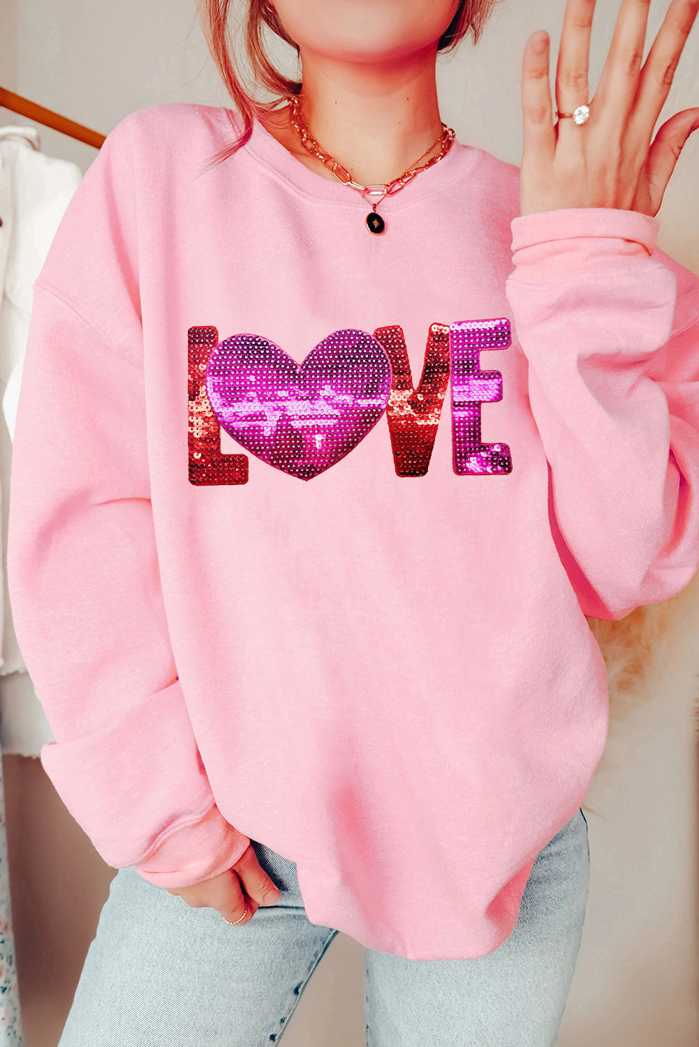 Pink LOVE Patched Pattern Drop Shoulder Valentines Pullover Sweatshirt-Graphic Sweatshirts-[Adult]-[Female]-Pink-S-2022 Online Blue Zone Planet