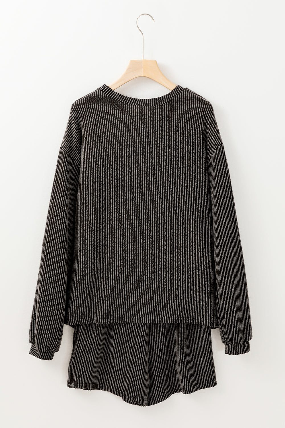 Carbon Grey Bowknot Patched Pattern Corded Long Sleeve Top and Shorts Outfit-Graphic/Graphic Sets-[Adult]-[Female]-2022 Online Blue Zone Planet
