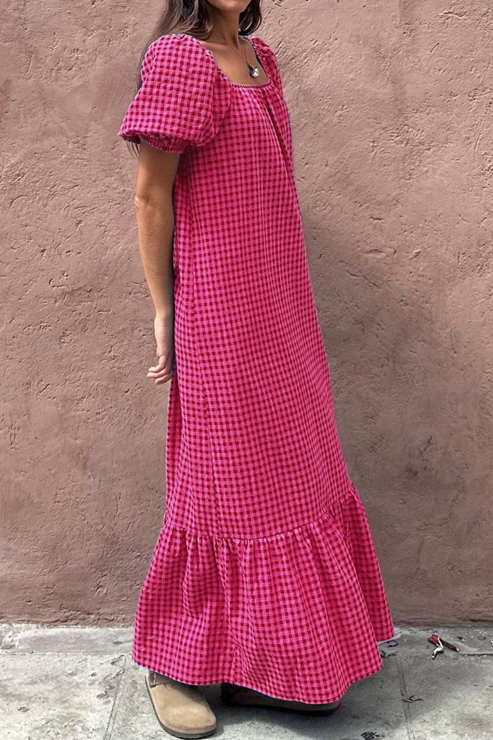 Rose Ginham Check Bubble Sleeve Ruffled Maxi Dress-Dresses/Maxi Dresses-[Adult]-[Female]-2022 Online Blue Zone Planet