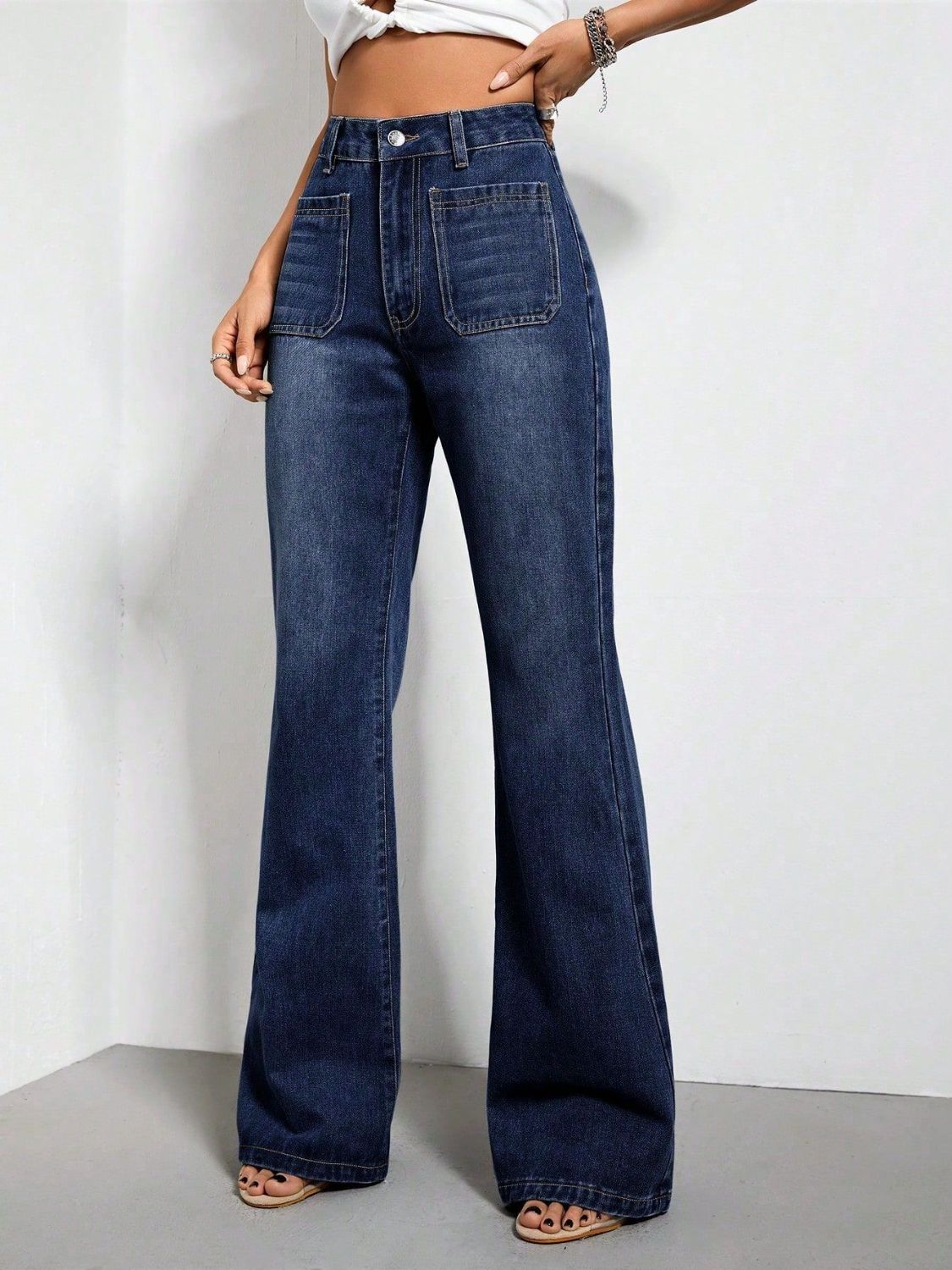 High Waist Bootcut Jeans with Pockets-BOTTOMS SIZES SMALL MEDIUM LARGE-[Adult]-[Female]-2022 Online Blue Zone Planet