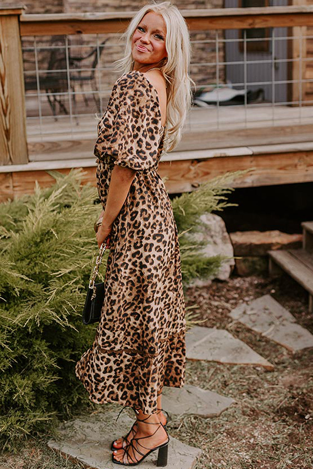 Brown Leopard Print Puff Sleeve Ricrac Maxi Dress-Maxi Dresses-[Adult]-[Female]-2022 Online Blue Zone Planet