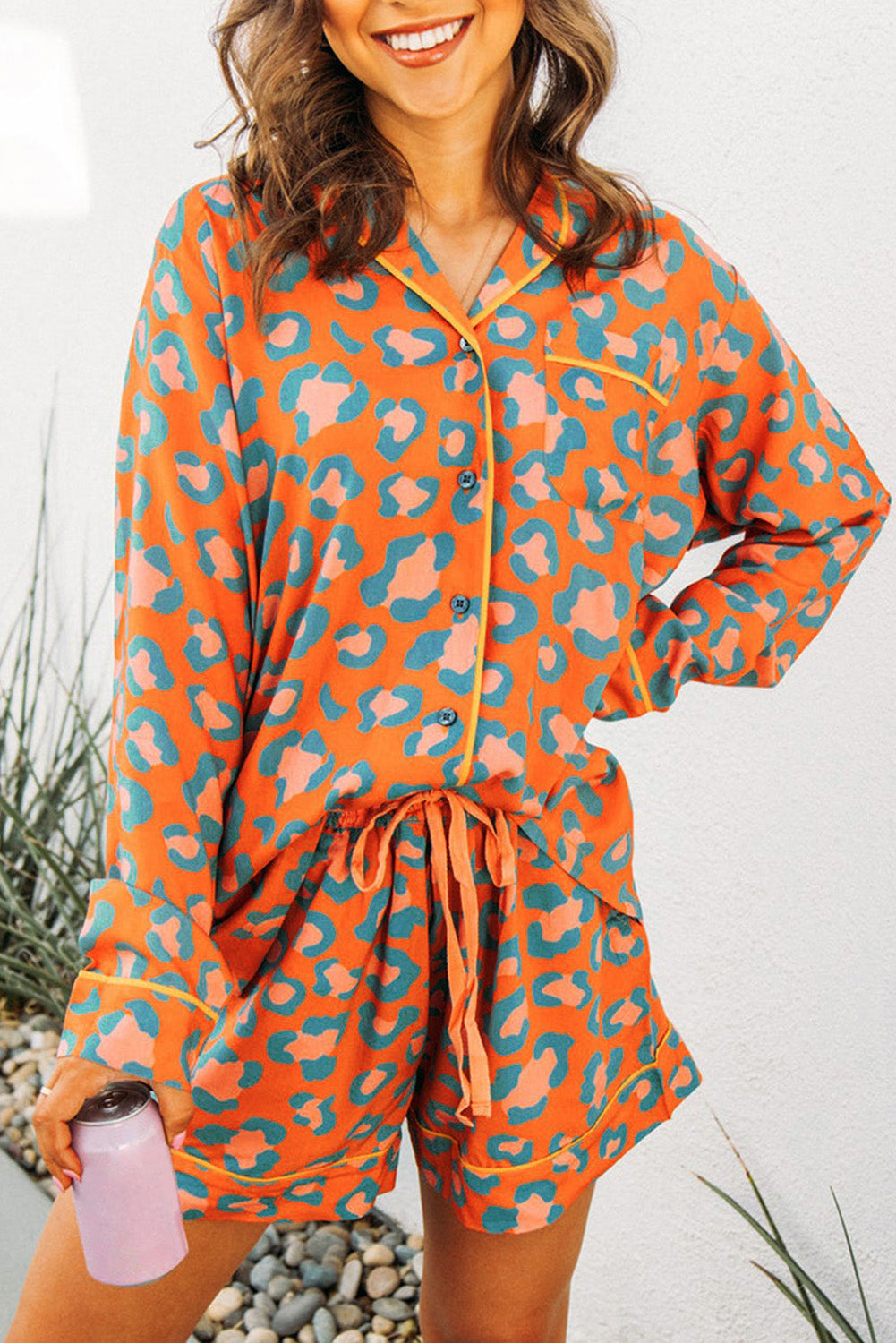 Orange Leopard Print Long Sleeve Shirt and Shorts Pajama Set-Loungewear & Sleepwear/Sleepwear-[Adult]-[Female]-Orange-S-2022 Online Blue Zone Planet