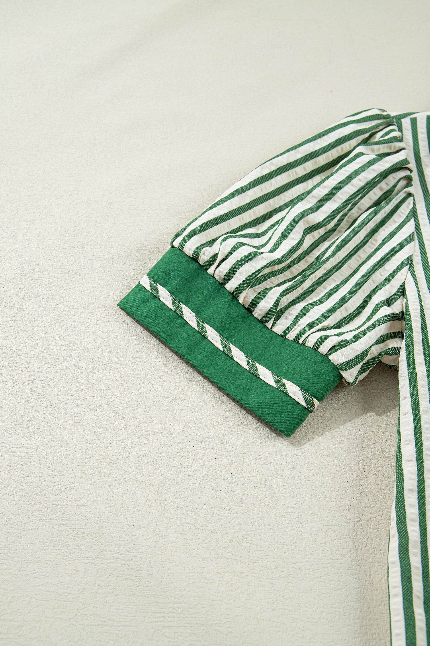 Green Stripe Collared Split Neck Short Bubble Sleeve Blouse-Tops/Blouses & Shirts-[Adult]-[Female]-2022 Online Blue Zone Planet