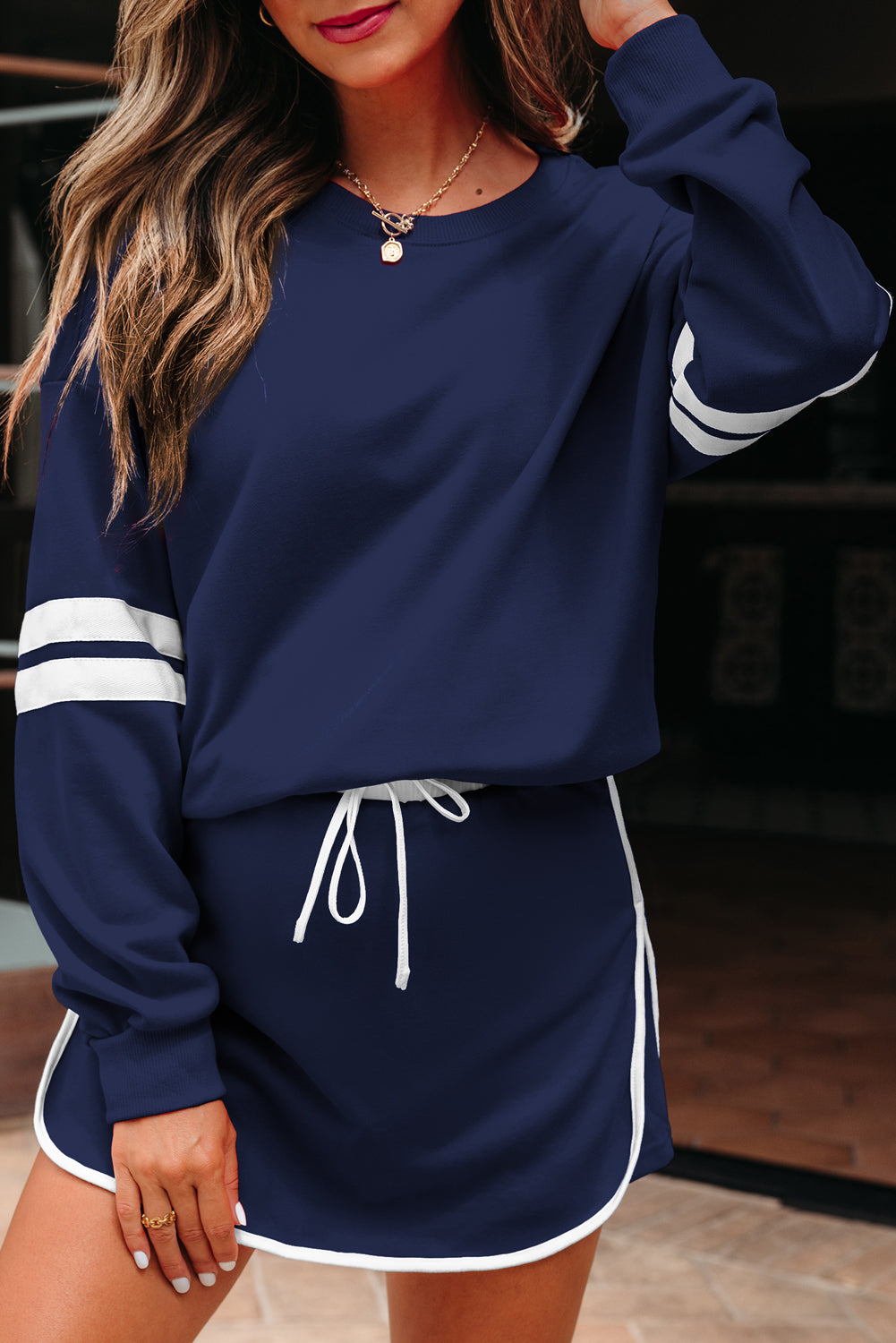 Navy Blue Varsity Stripe Detail Drop Shoulder Pullover Mini Skirt Set-Two Piece Sets/Two Piece Dresses-[Adult]-[Female]-2022 Online Blue Zone Planet