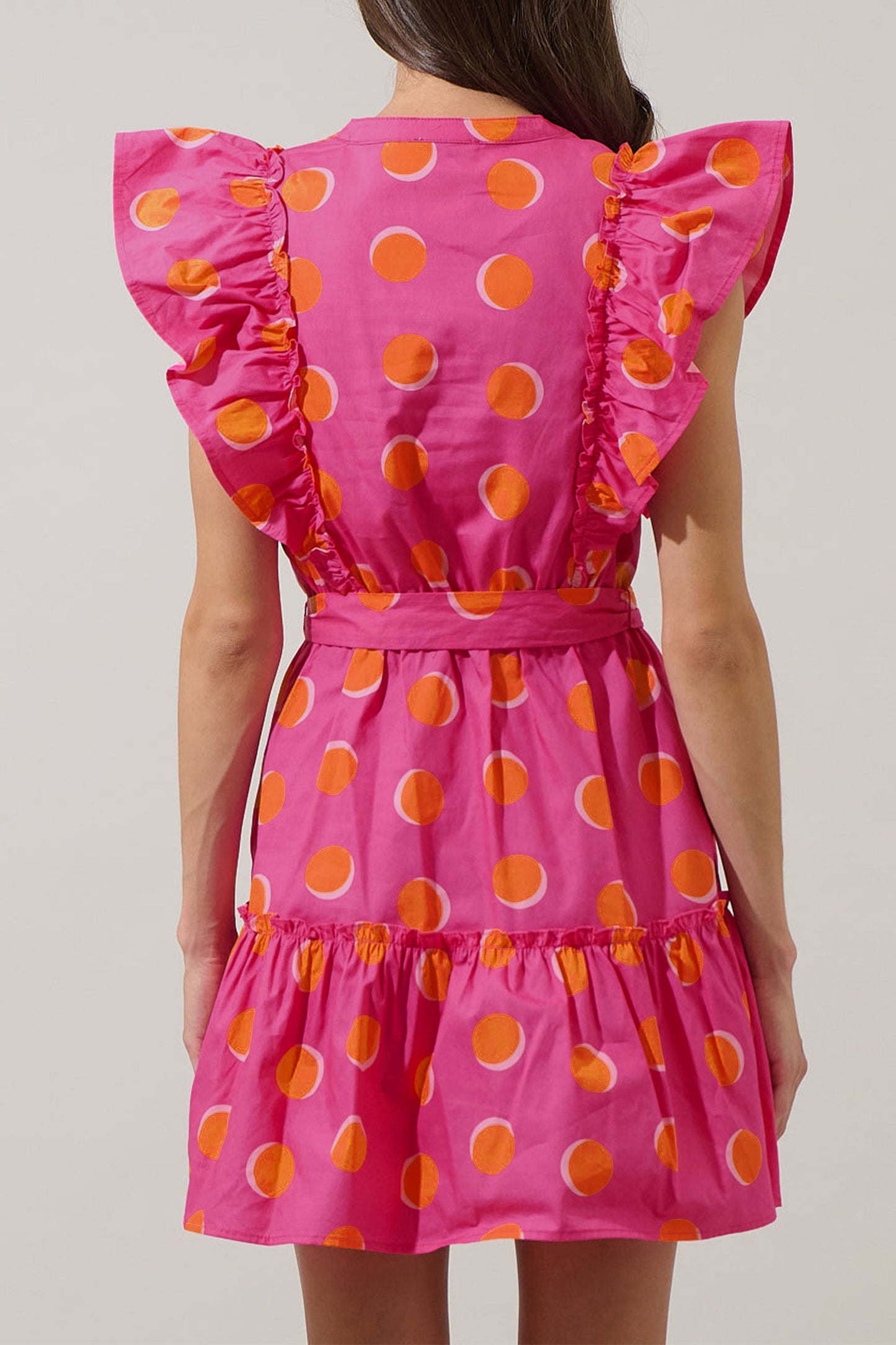 Rose Double Polka Dot V Neck Ruffled Short Sleeve Dress-Dresses/Mini Dresses-[Adult]-[Female]-2022 Online Blue Zone Planet