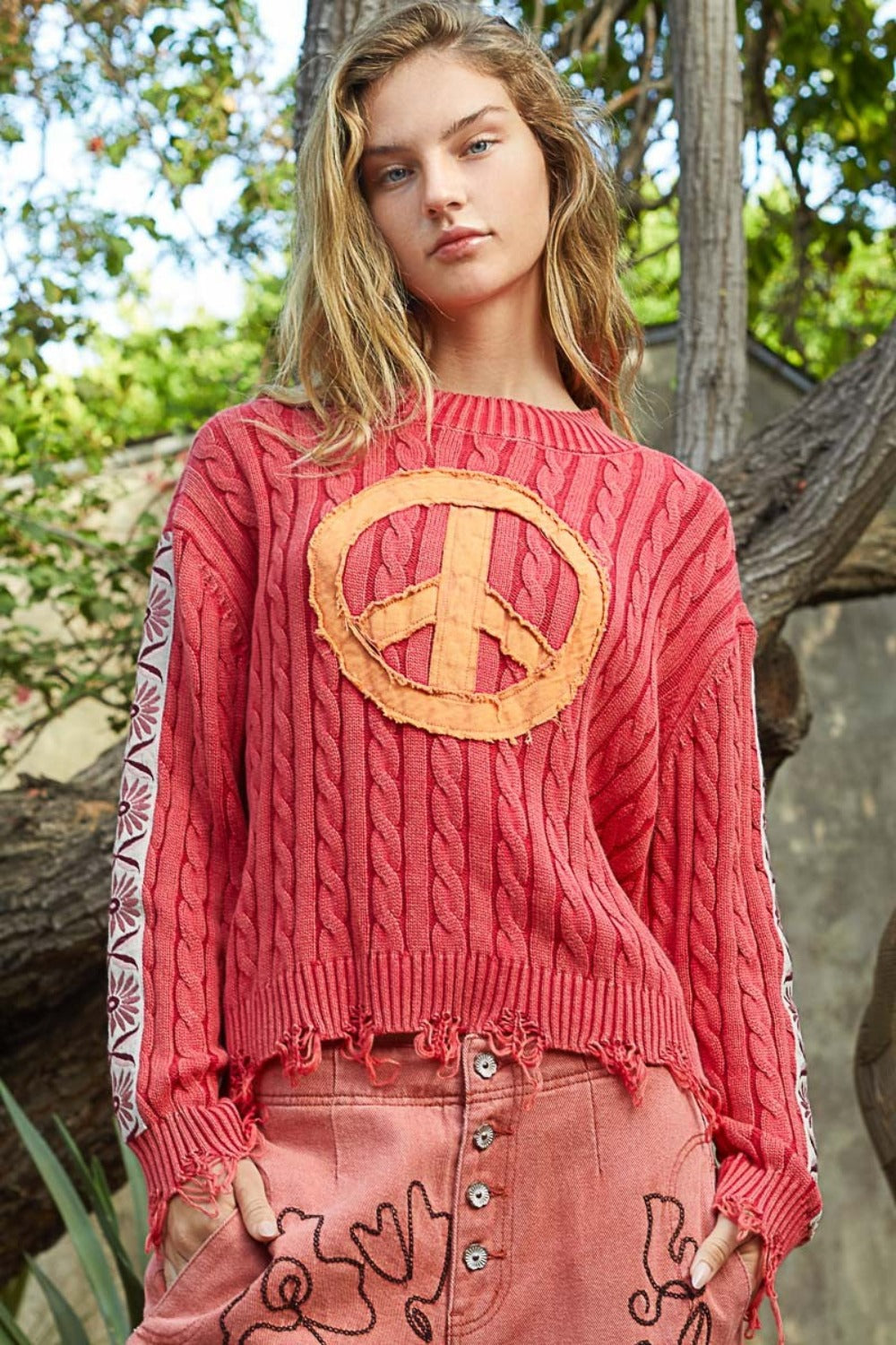 Blue Zone Planet | POL Washed Peace Patch Cable Knit Sweater-TOPS / DRESSES-[Adult]-[Female]-2022 Online Blue Zone Planet