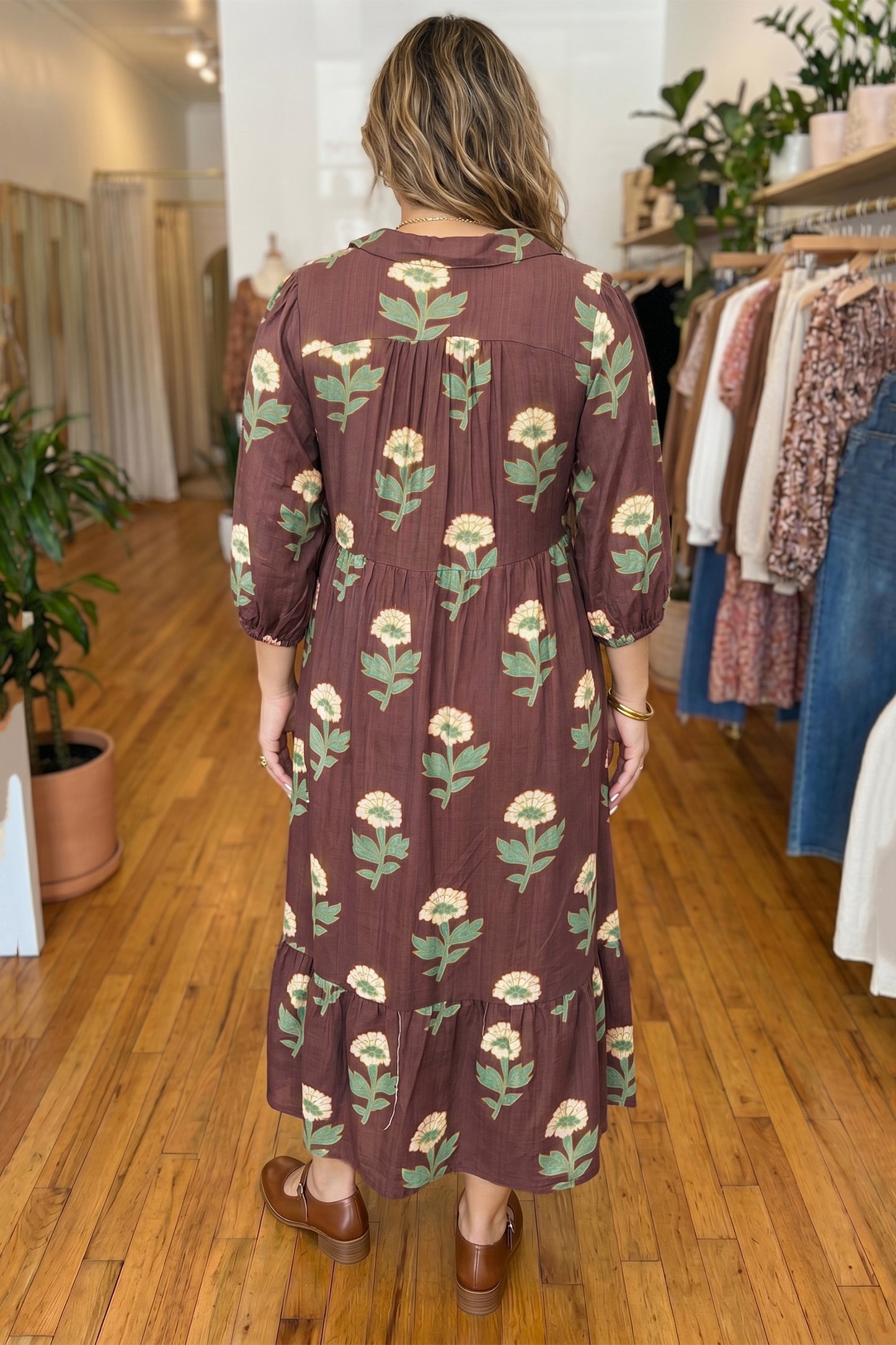 Brown Floral Print V-Neck Long Sleeve Loose Shift Plus Size Dress-Plus Size/Plus Size Dresses/Plus Size Maxi Dresses-[Adult]-[Female]-2022 Online Blue Zone Planet