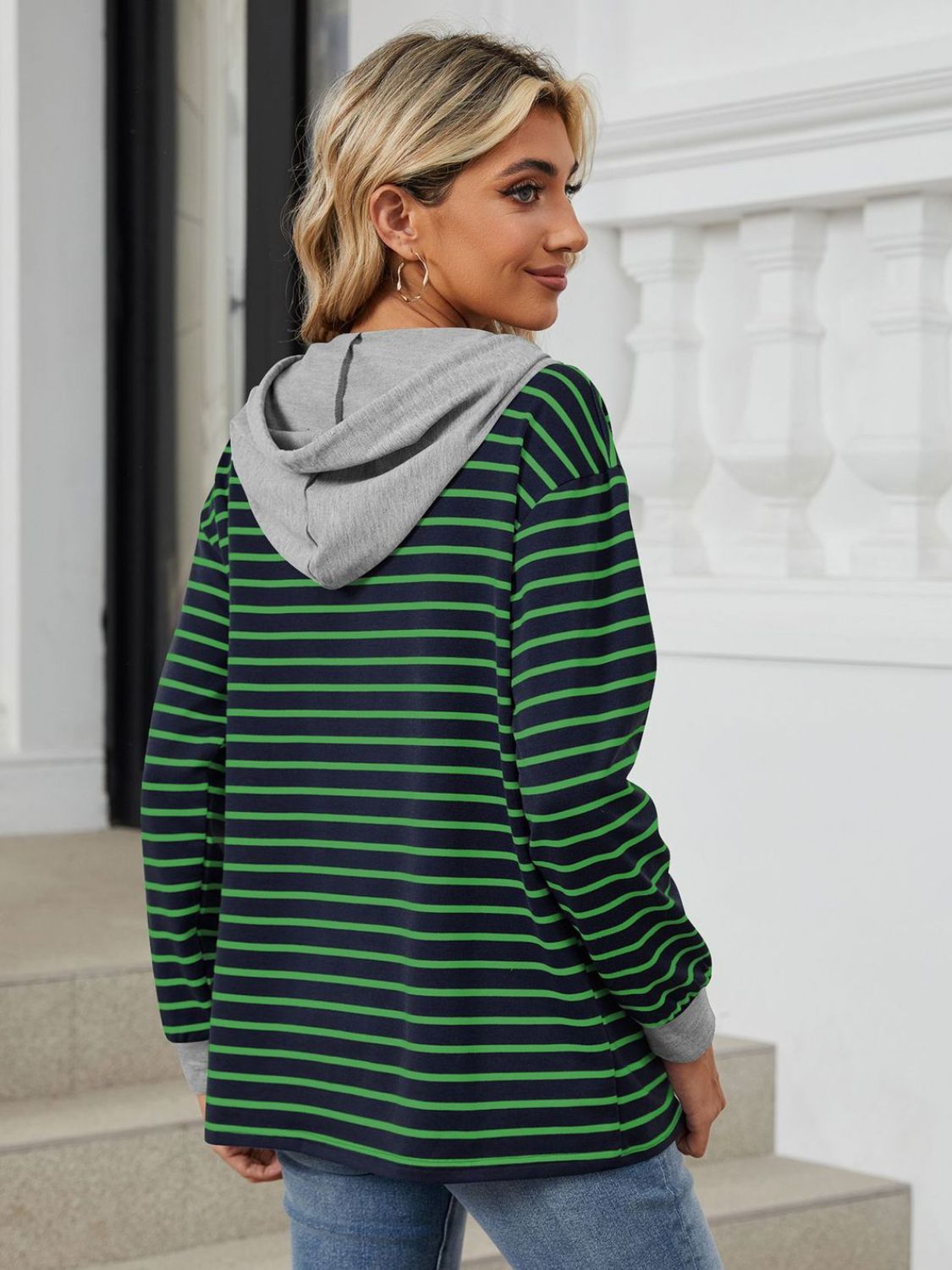 Drawstring Striped Long Sleeve Hoodie-HOODIES-[Adult]-[Female]-2022 Online Blue Zone Planet