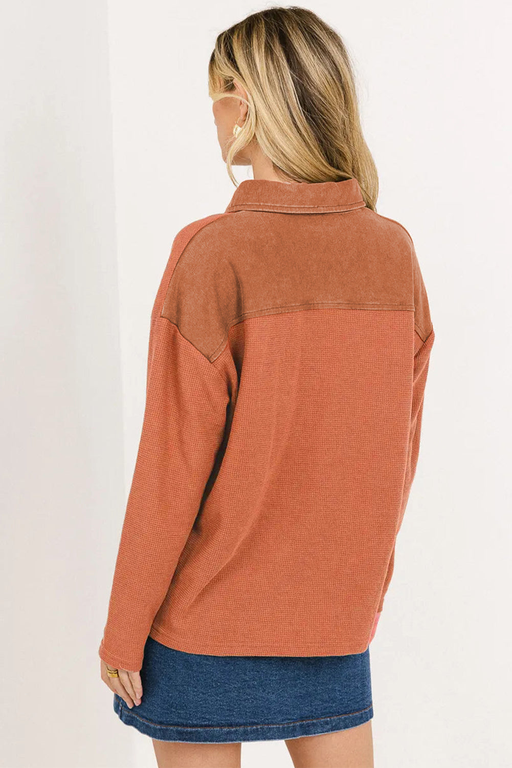 Red Dahlia Solid Color Long Sleeve Thermal Knit Polo Collar Patchwork Top-Tops/Long Sleeve Tops-[Adult]-[Female]-2022 Online Blue Zone Planet