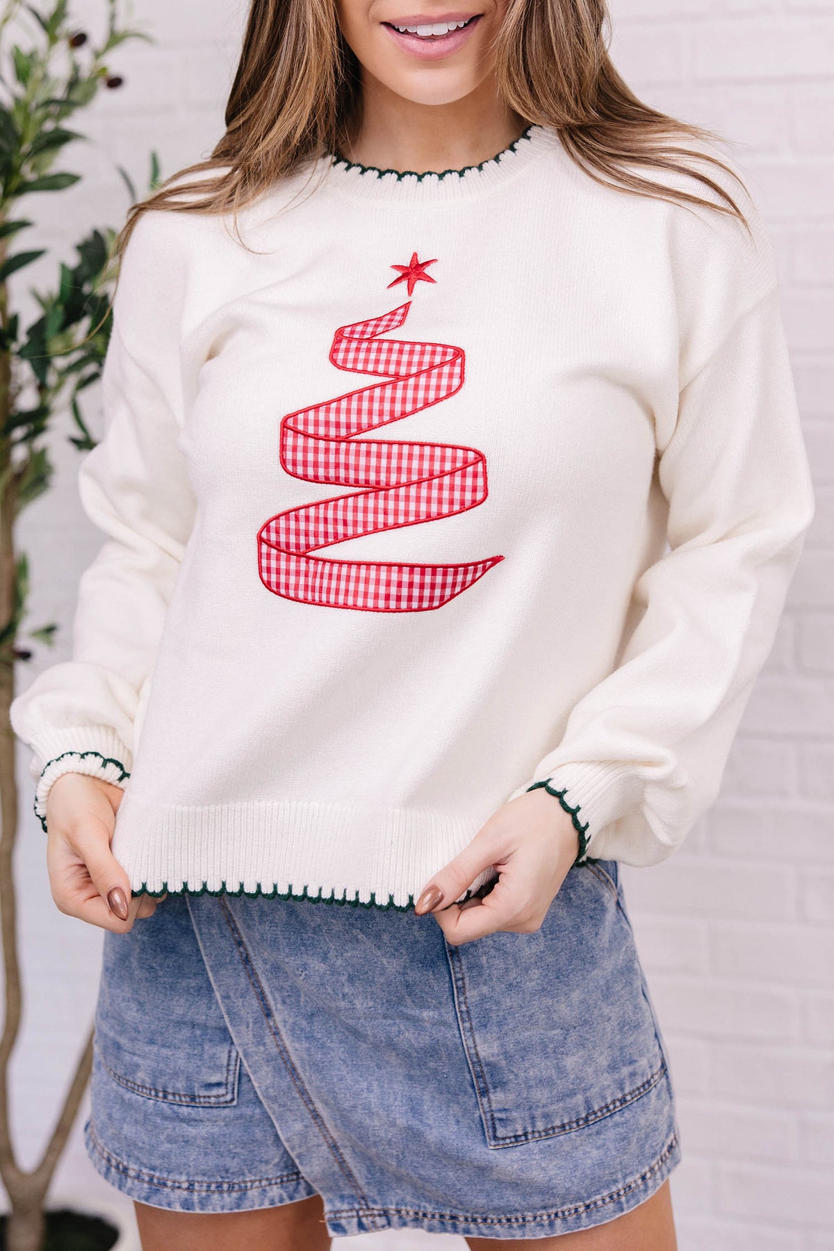 Beige Stitched Detail Christmas Tree Holiday Casual Sweater-Sweaters & Cardigans-[Adult]-[Female]-2022 Online Blue Zone Planet