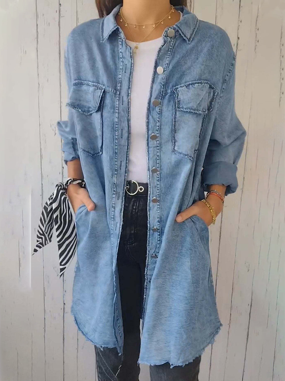 Full Size Raw Hem Button Up Long Sleeve Denim Top Plus Size Blue