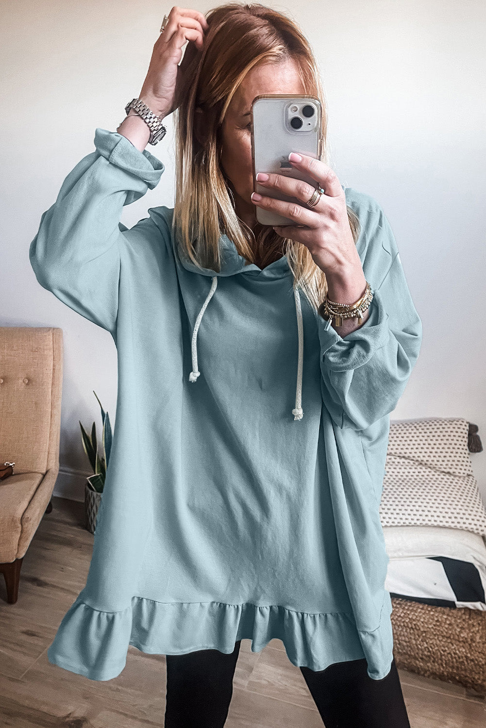 Iceland Blue Solid Ruffled Hem Loose Fit Tunic Hoodie-Tops/Sweatshirts & Hoodies-[Adult]-[Female]-2022 Online Blue Zone Planet