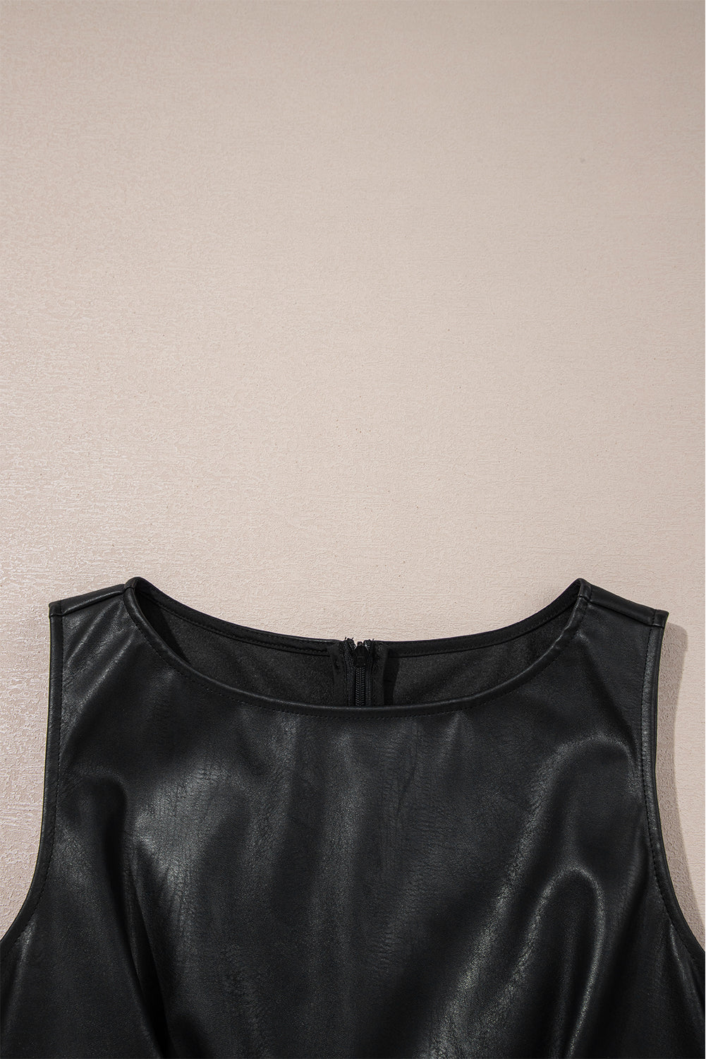 Black Faux Leather Sleeveless Round Neck Mini Dress
