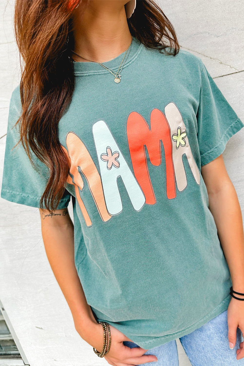 Sea Green MAMA Printed Mineral Wash Crewneck T Shirt-Tops/Tops & Tees-[Adult]-[Female]-Sea Green-S-2022 Online Blue Zone Planet