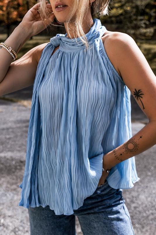 Myosotis Textured Pleated Tied Mock Neck Flowy Tank Top-Tops/Tank Tops-[Adult]-[Female]-Myosotis-S-2022 Online Blue Zone Planet