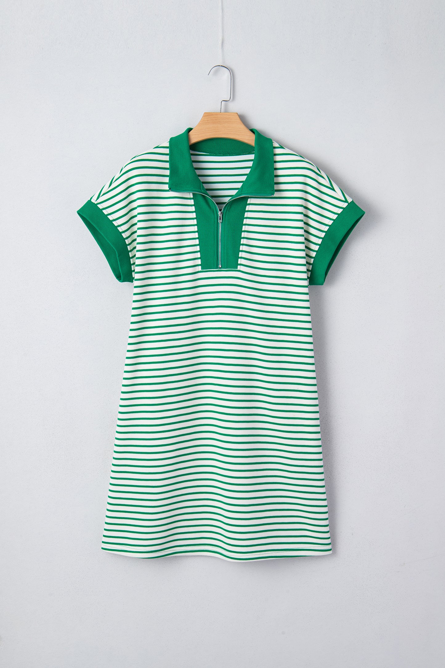 Green Stripe Quarter Zip Polo Collar T Shirt Dress with Pockets-TOPS / DRESSES-[Adult]-[Female]-2022 Online Blue Zone Planet