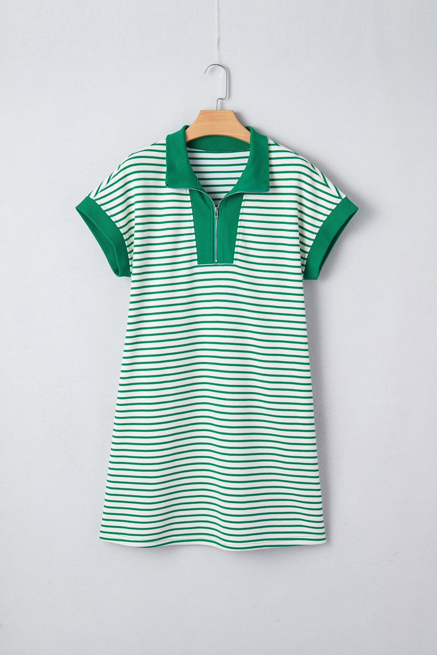 Green Stripe Quarter Zip Polo Collar T Shirt Dress with Pockets-TOPS / DRESSES-[Adult]-[Female]-2022 Online Blue Zone Planet