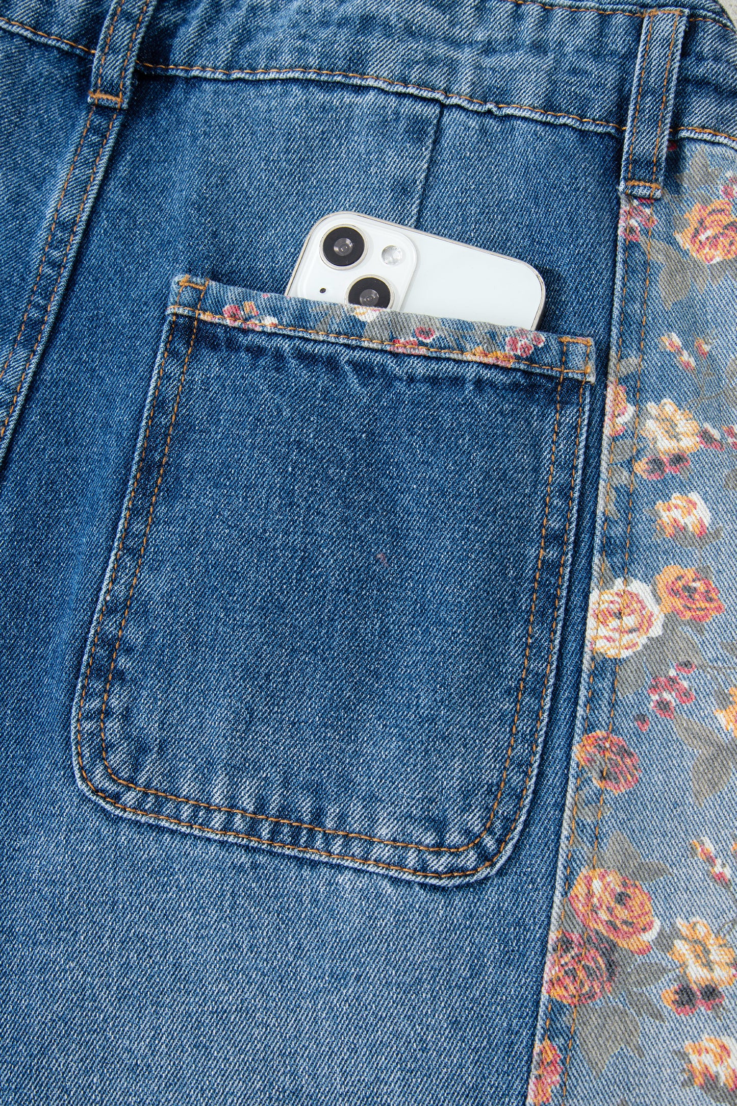 Peacock Blue Floral Patchwork Bib Denim Wide Leg Overalls-Bottoms/Jumpsuits & Rompers-[Adult]-[Female]-2022 Online Blue Zone Planet