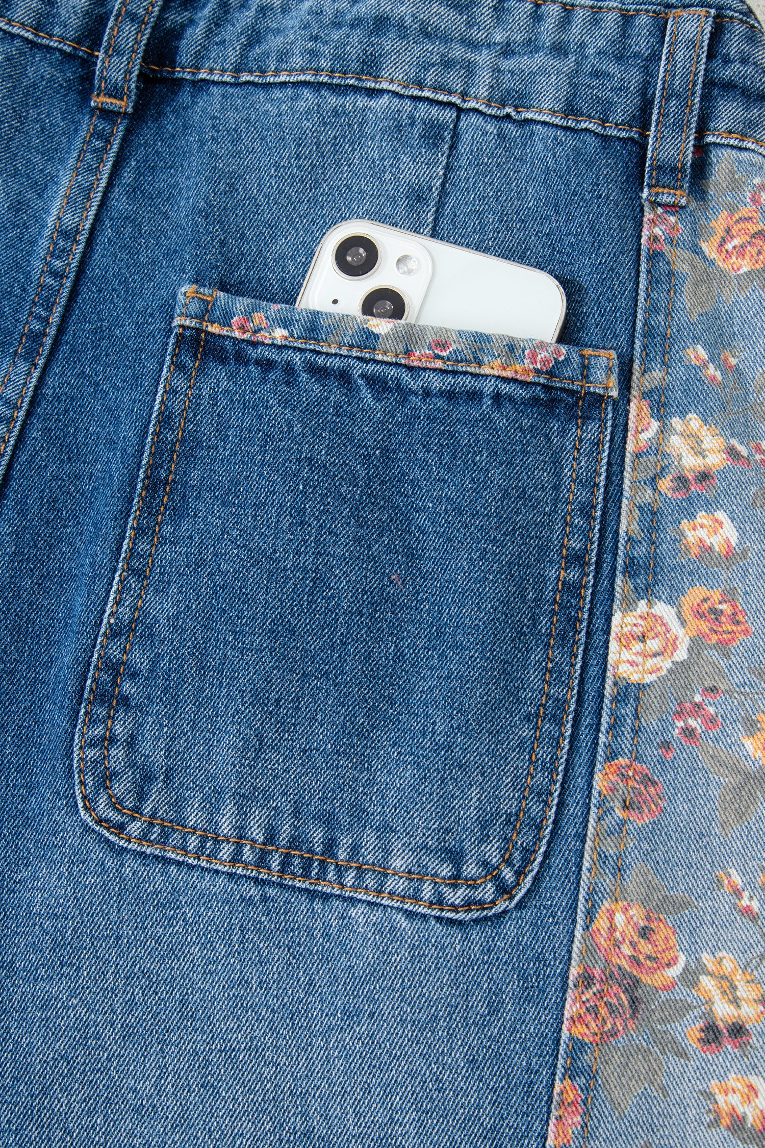 Peacock Blue Floral Patchwork Bib Denim Wide Leg Overalls-Bottoms/Jumpsuits & Rompers-[Adult]-[Female]-2022 Online Blue Zone Planet