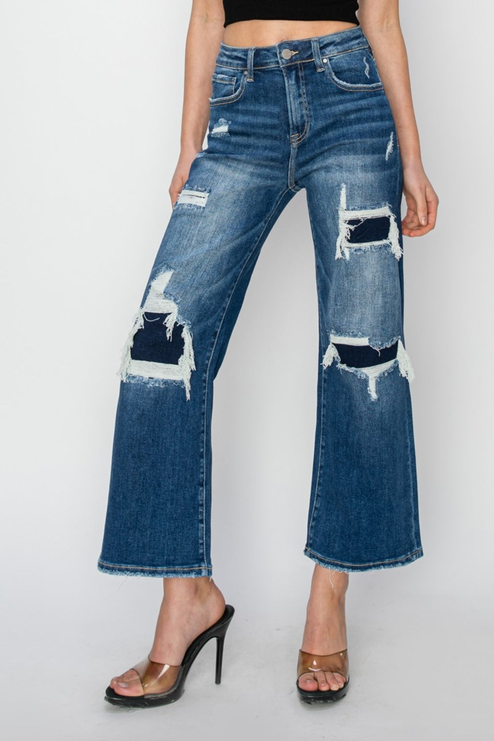 Blue Zone Planet | Risen Full Size High Rise Patch Detailed Wide Leg Crop Jeans-TOPS / DRESSES-[Adult]-[Female]-2022 Online Blue Zone Planet