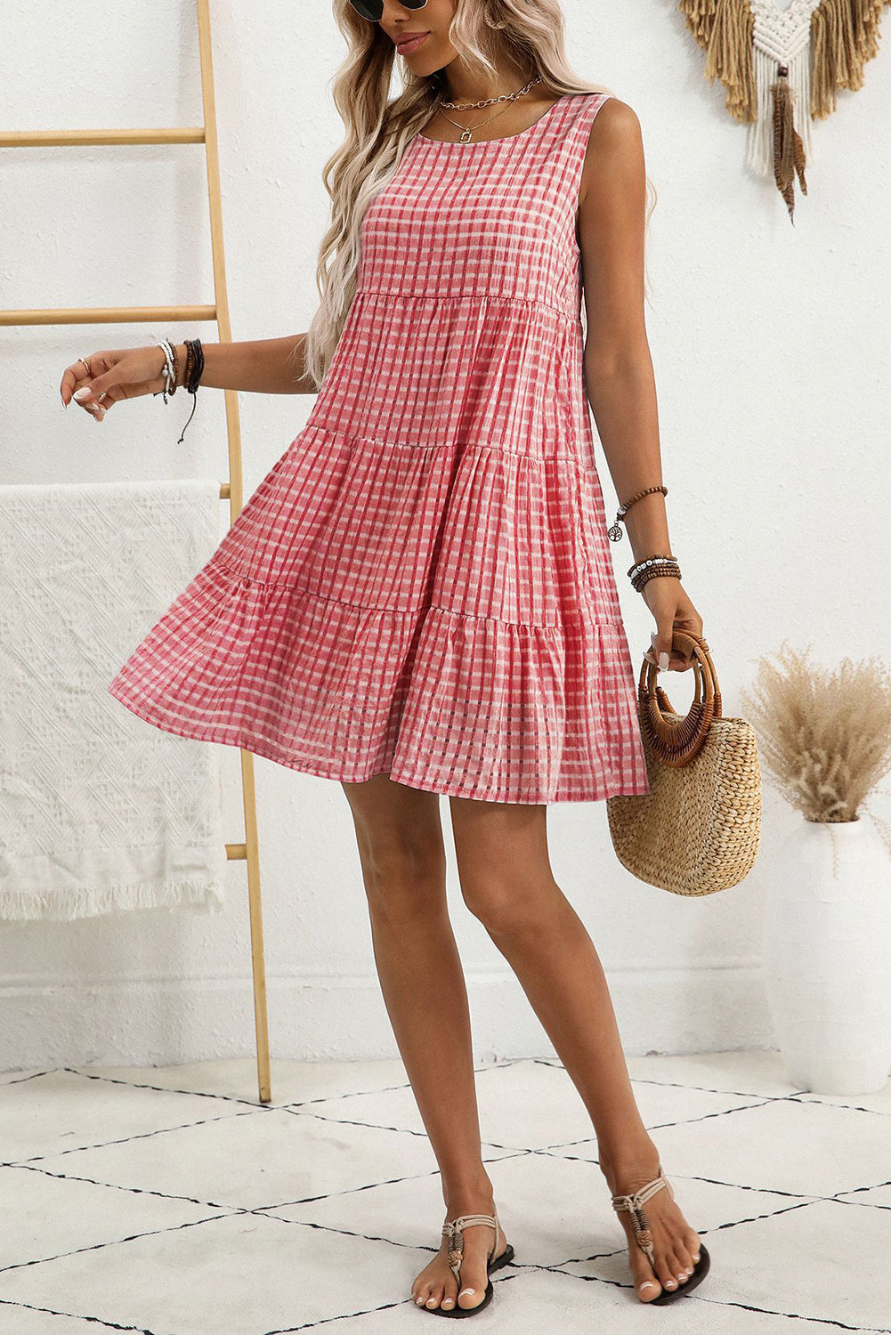 White Gingham High Waist Sleeveless Mini Dress-Short Dresses-[Adult]-[Female]-2022 Online Blue Zone Planet