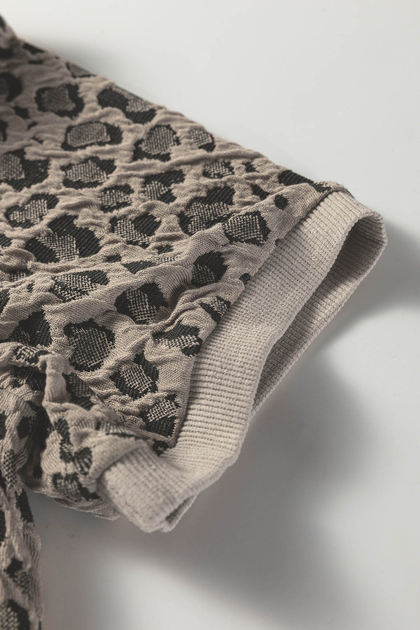Khaki Textured Leopard Print Crew Neck Short Sleeve Top-Tops/Tops & Tees-[Adult]-[Female]-2022 Online Blue Zone Planet