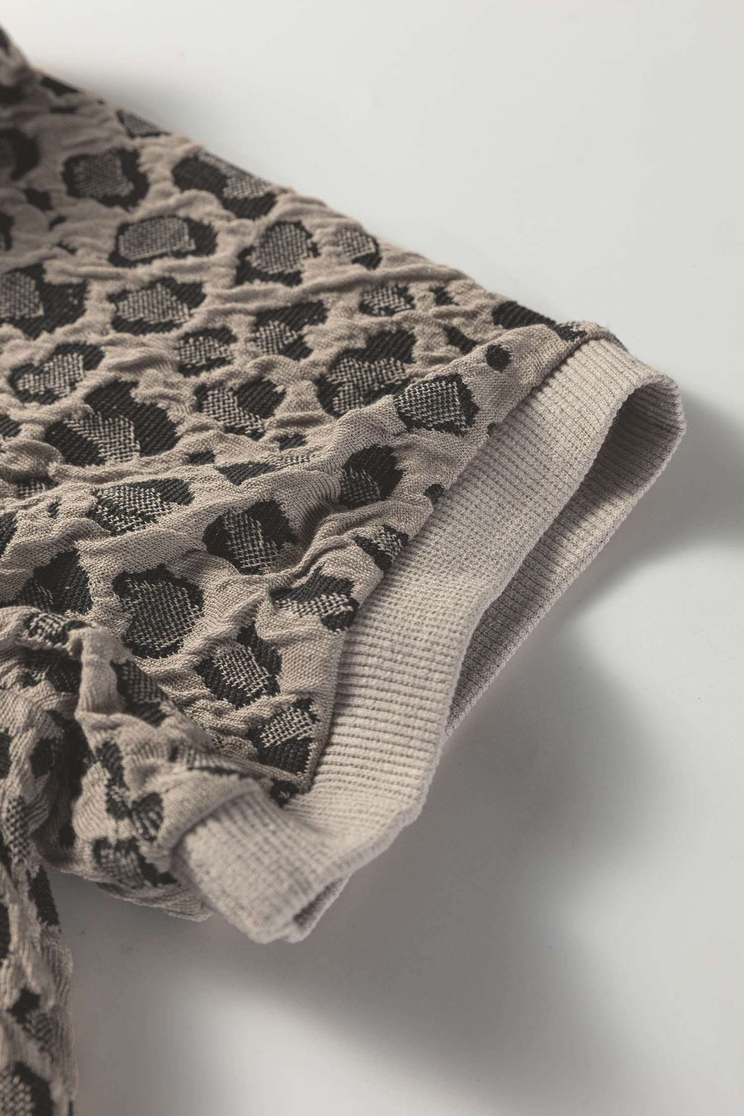 Khaki Textured Leopard Print Crew Neck Short Sleeve Top-Tops/Tops & Tees-[Adult]-[Female]-2022 Online Blue Zone Planet