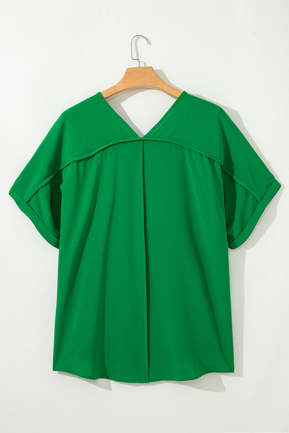 Green Seamed Back High Low Hem V Neck Cuffed Sleeve Plus Size Tee-Plus Size/Plus Size Tops/Plus Size Tops & Tees-[Adult]-[Female]-2022 Online Blue Zone Planet