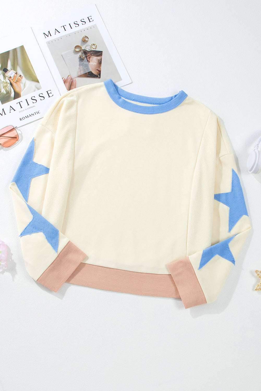 Parchment Star Patchwork Exposed Seam Oversized Sweatshirt-Sweatshirts & Hoodies-[Adult]-[Female]-2022 Online Blue Zone Planet