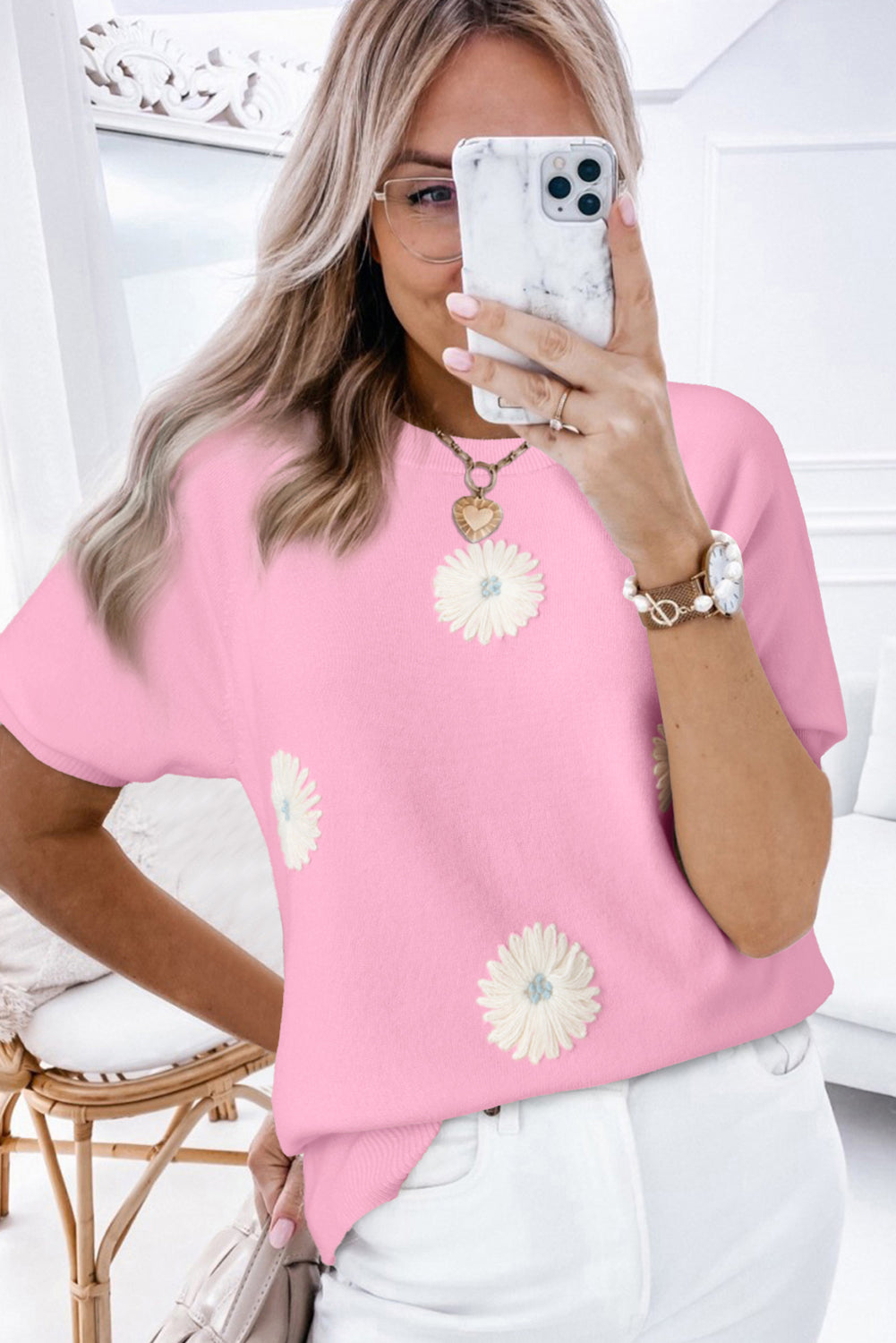 Pink Flower Pattern Puff Short Sleeve Sweater-TOPS / DRESSES-[Adult]-[Female]-2022 Online Blue Zone Planet
