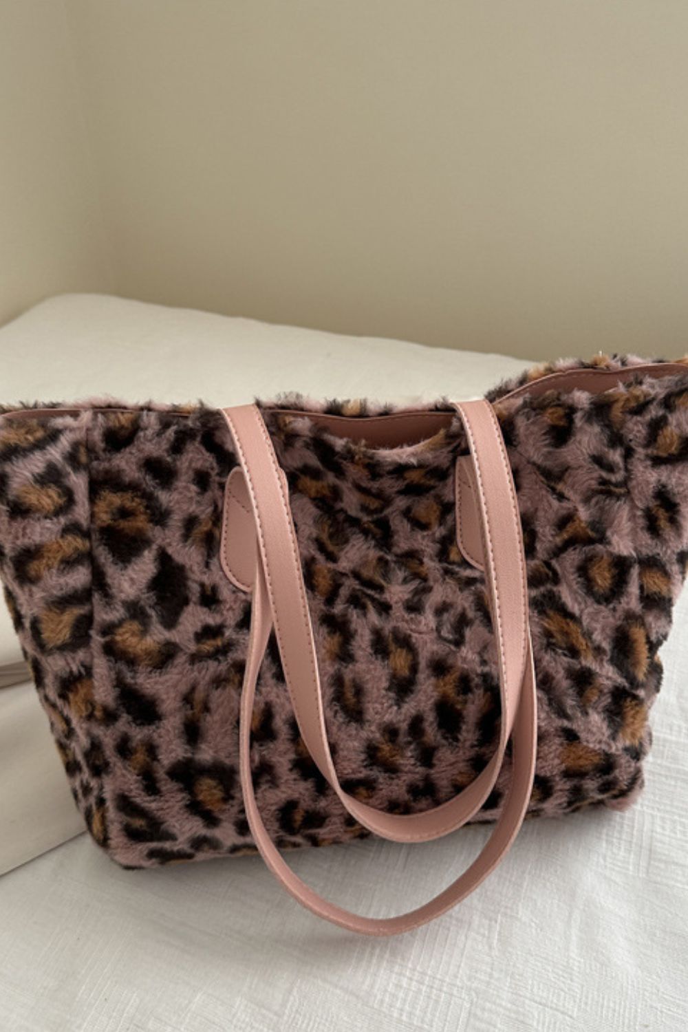 Blue Zone Planet | Leopard Fluff Tote Bag-Handbags-[Adult]-[Female]-Dusty Pink-One Size-2022 Online Blue Zone Planet