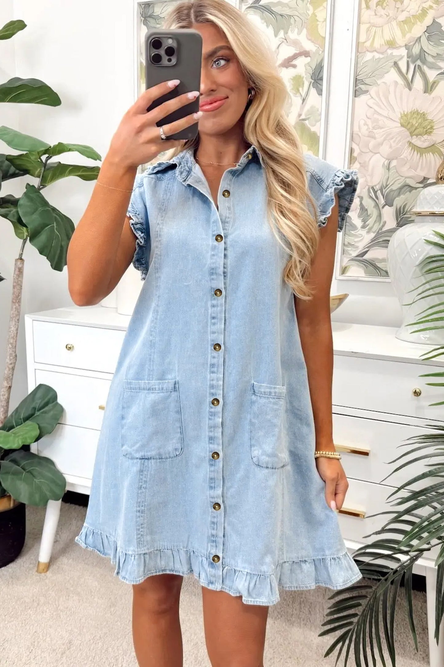 Beau Blue Ruffled Edge Collared Shift Denim Dress with Pockets-TOPS / DRESSES-[Adult]-[Female]-2022 Online Blue Zone Planet