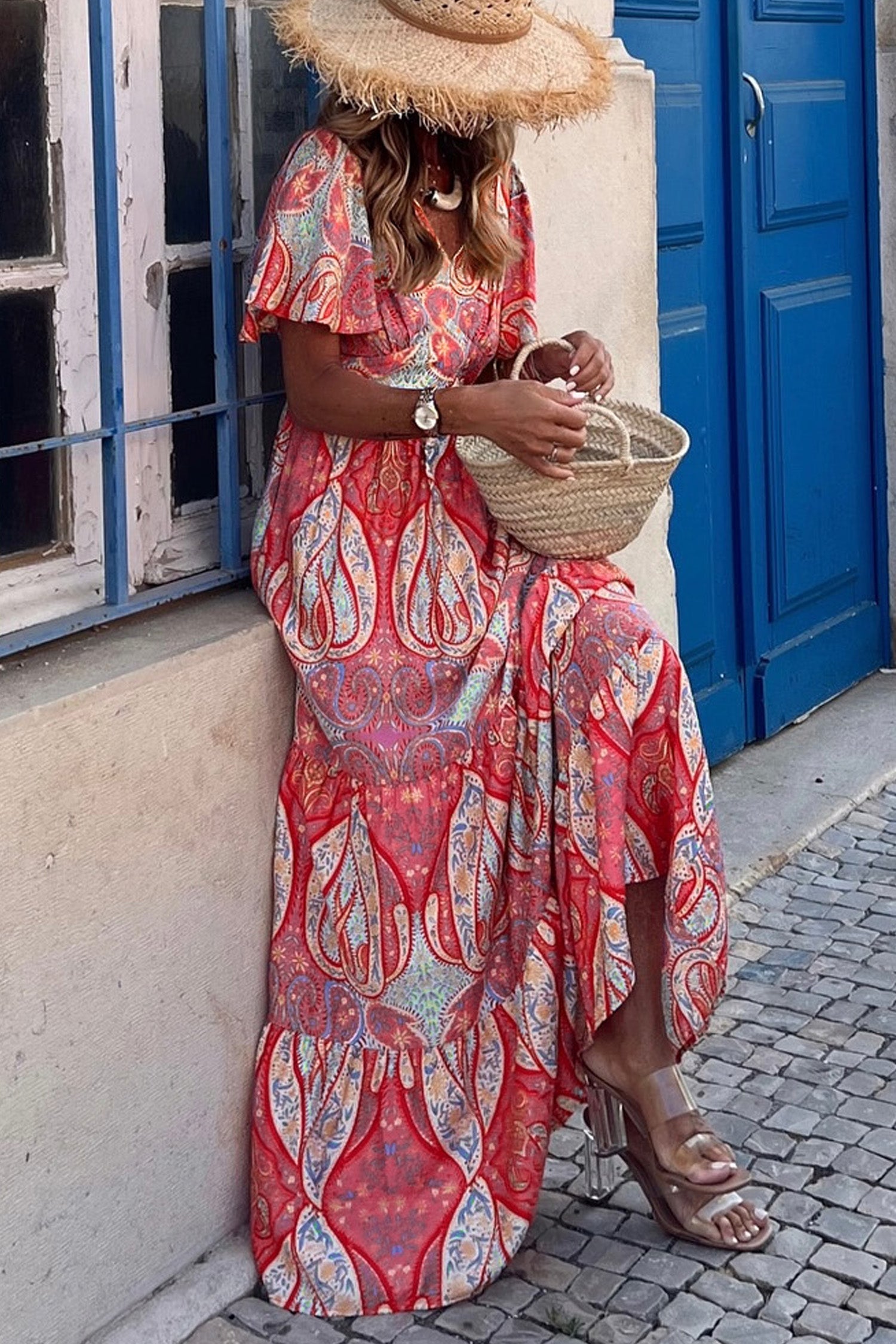 Multicolour Paisley Print V-Neck Short Sleeve Boho Maxi Dress with Ruffle Details-Dresses/Floral Dresses-[Adult]-[Female]-2022 Online Blue Zone Planet