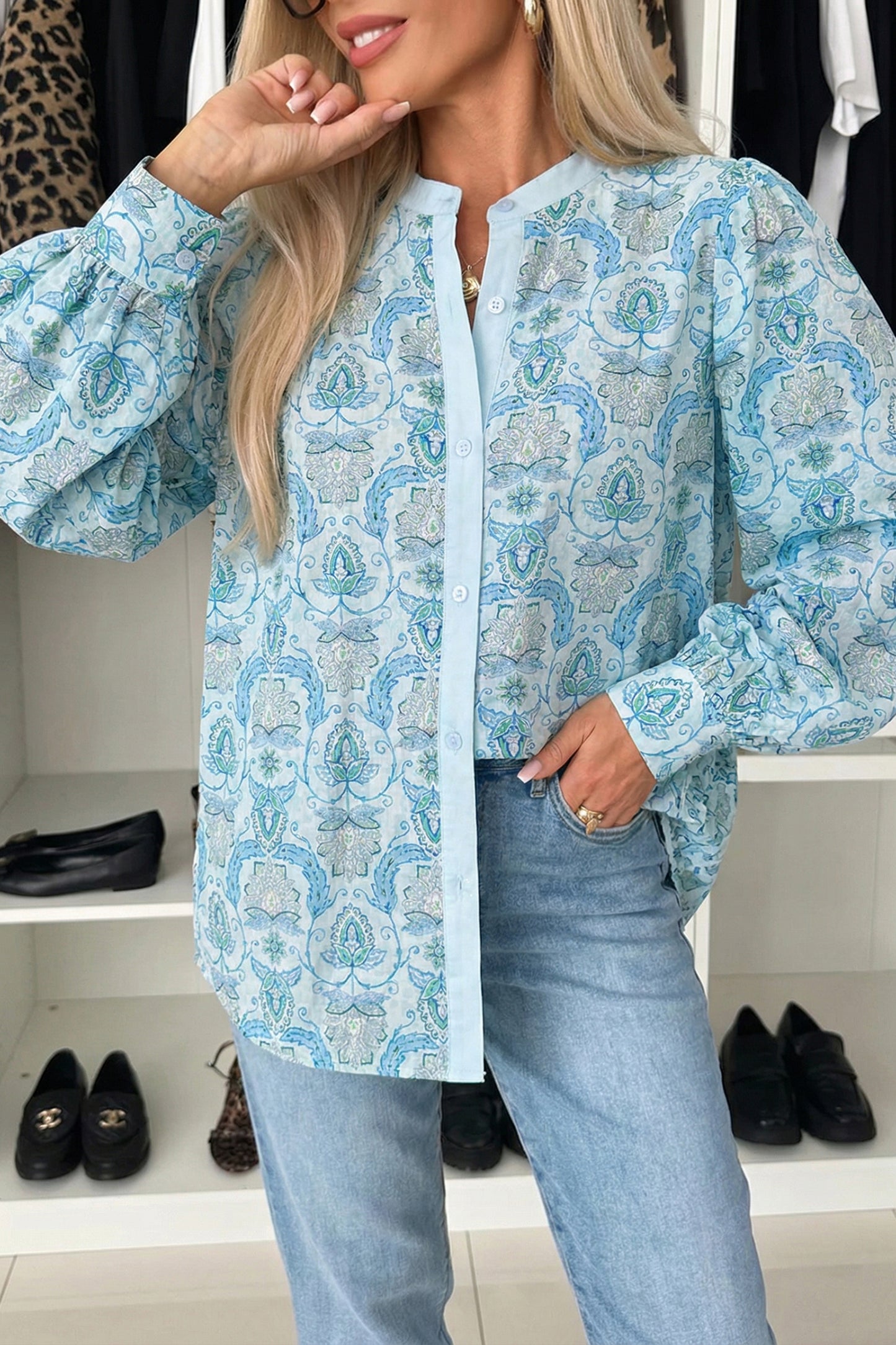 Sky Blue Paisley Print Puff Sleeve Loose Shirt-Tops/Blouses & Shirts-[Adult]-[Female]-Sky Blue-S-2022 Online Blue Zone Planet