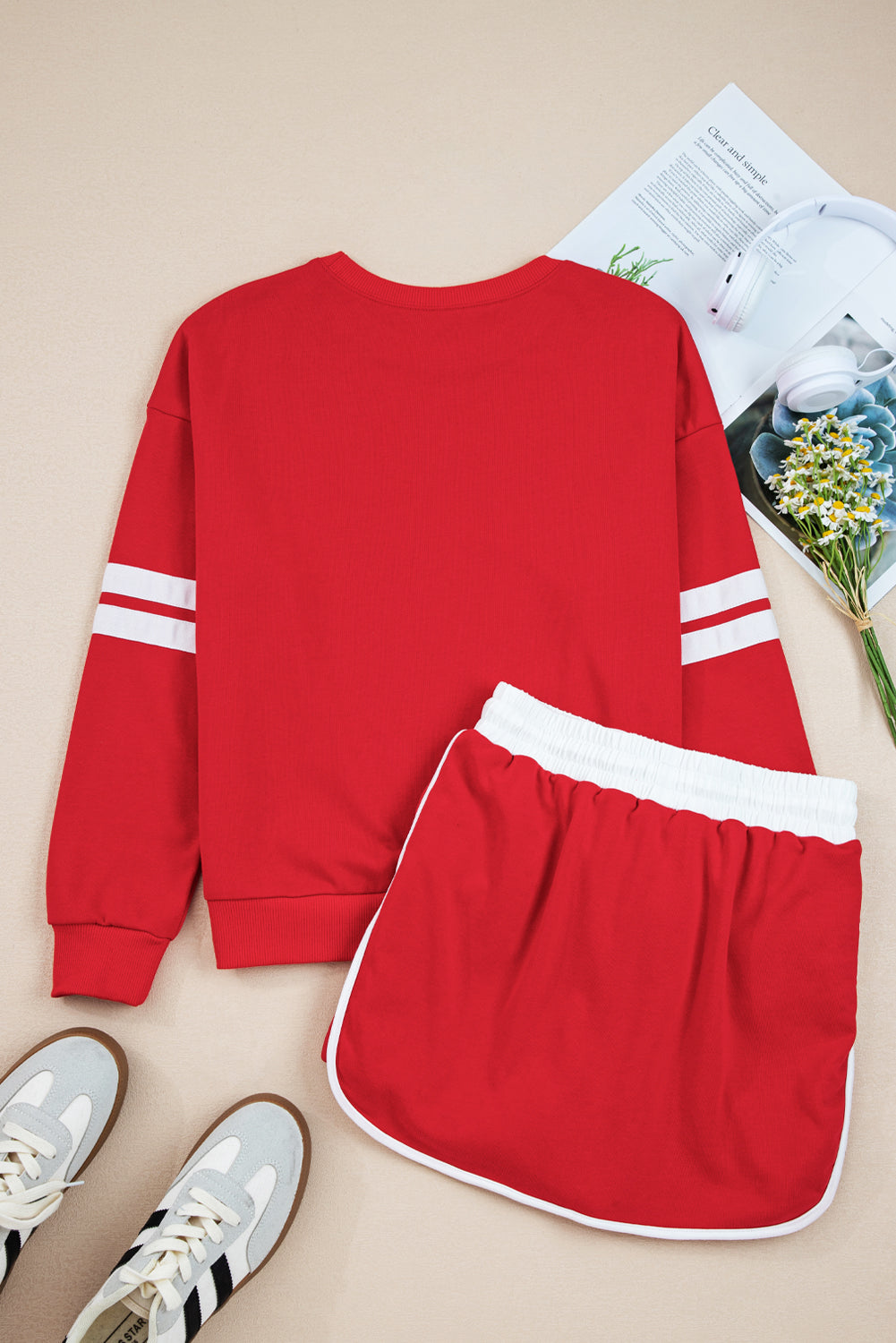 Evergreen Varsity Stripe Detail Drop Shoulder Pullover Mini Skirt Set-Two Piece Sets/Two Piece Dresses-[Adult]-[Female]-2022 Online Blue Zone Planet