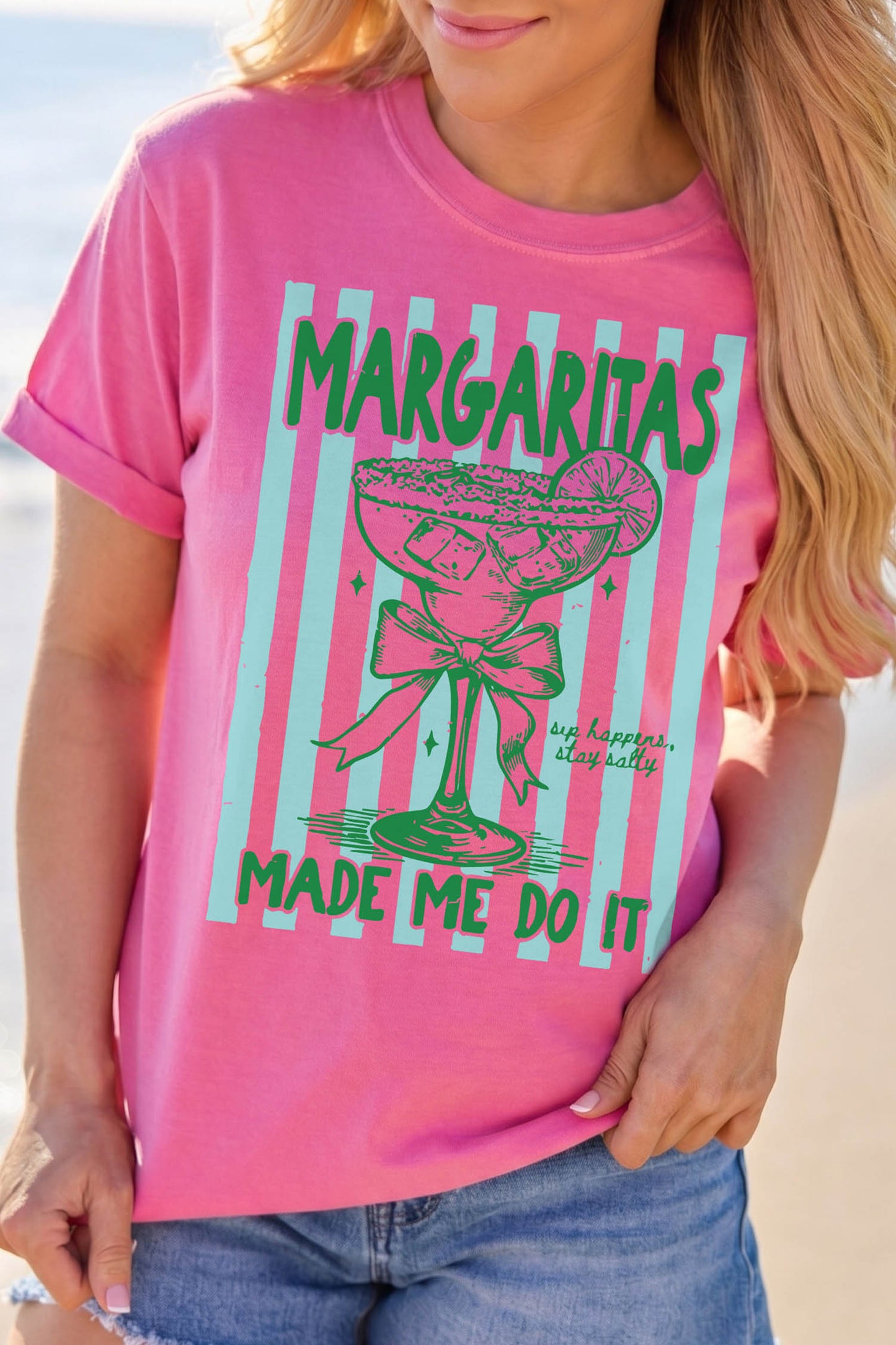 Rose Red Margaritas Made Me Do It Striped Graphic Beach Vacation Tee-Graphic/Graphic Tees-[Adult]-[Female]-Rose Red-S-2022 Online Blue Zone Planet