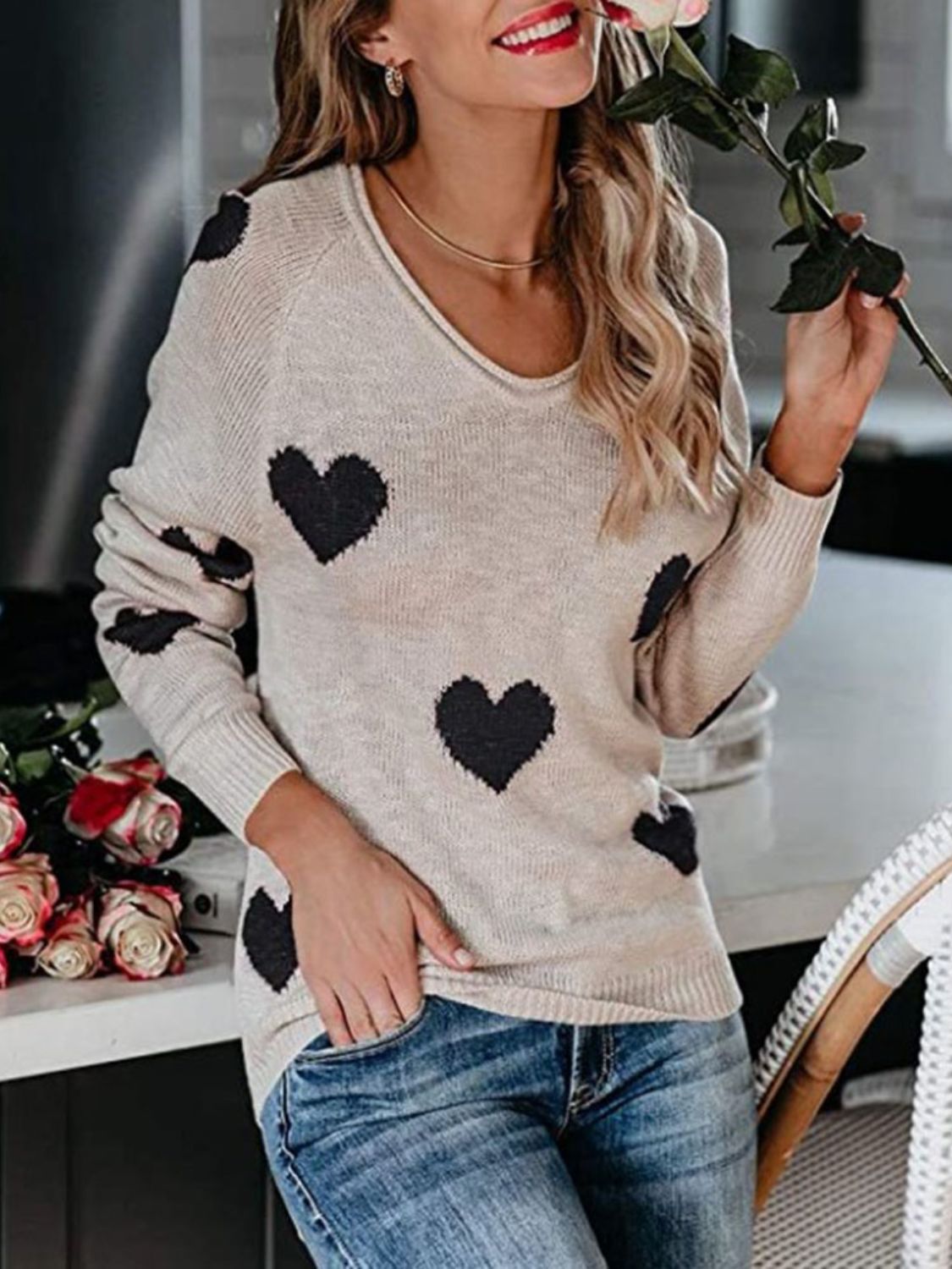 Heart Scoop Neck Long Sleeve Sweater-TOPS / DRESSES-[Adult]-[Female]-2022 Online Blue Zone Planet