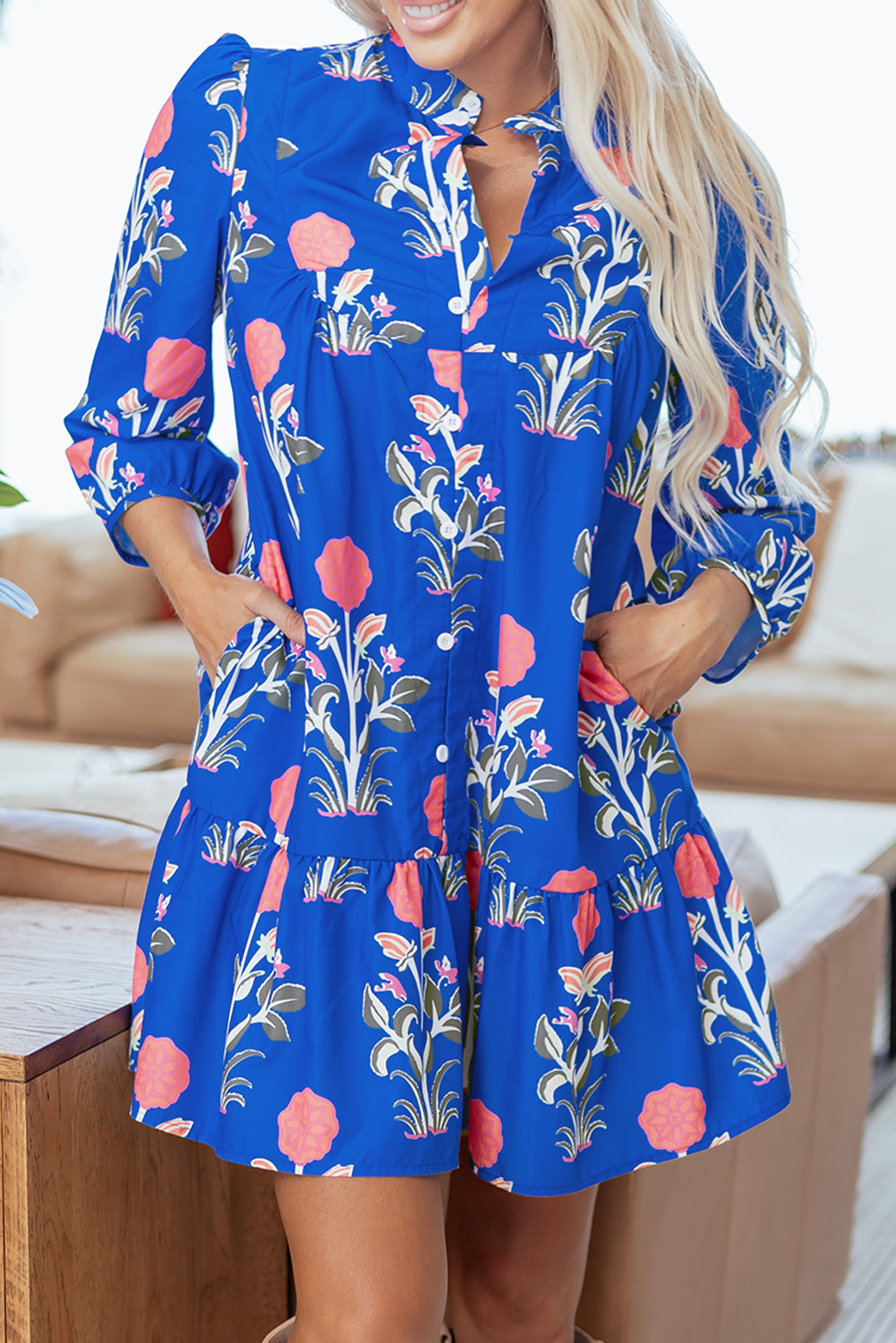 Blue Floral Print Button Detail 3/4 Puff Sleeve Ruffle Hem Dress-Dresses/Floral Dresses-[Adult]-[Female]-2022 Online Blue Zone Planet