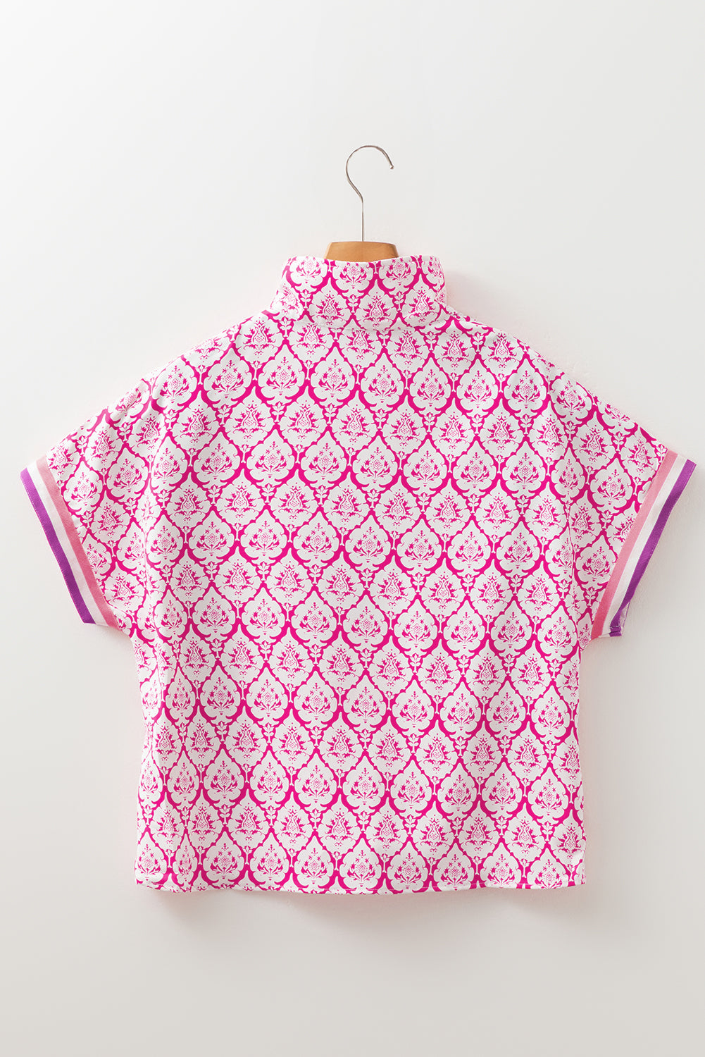 Pink Western Print Zipped Collar Short Sleeve Summer Blouse Top-Tops/Blouses & Shirts-[Adult]-[Female]-2022 Online Blue Zone Planet