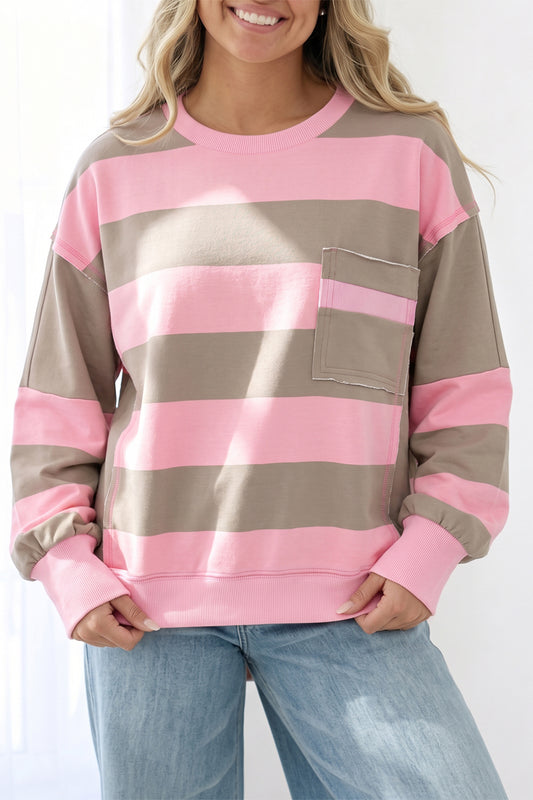 Pink Stripe Raw Seam Patchwork Drop Shoulder Plus Size Sweatshirt-Plus Size/Plus Size Sweatshirts & Hoodies-[Adult]-[Female]-Pink Stripe-1X-2022 Online Blue Zone Planet