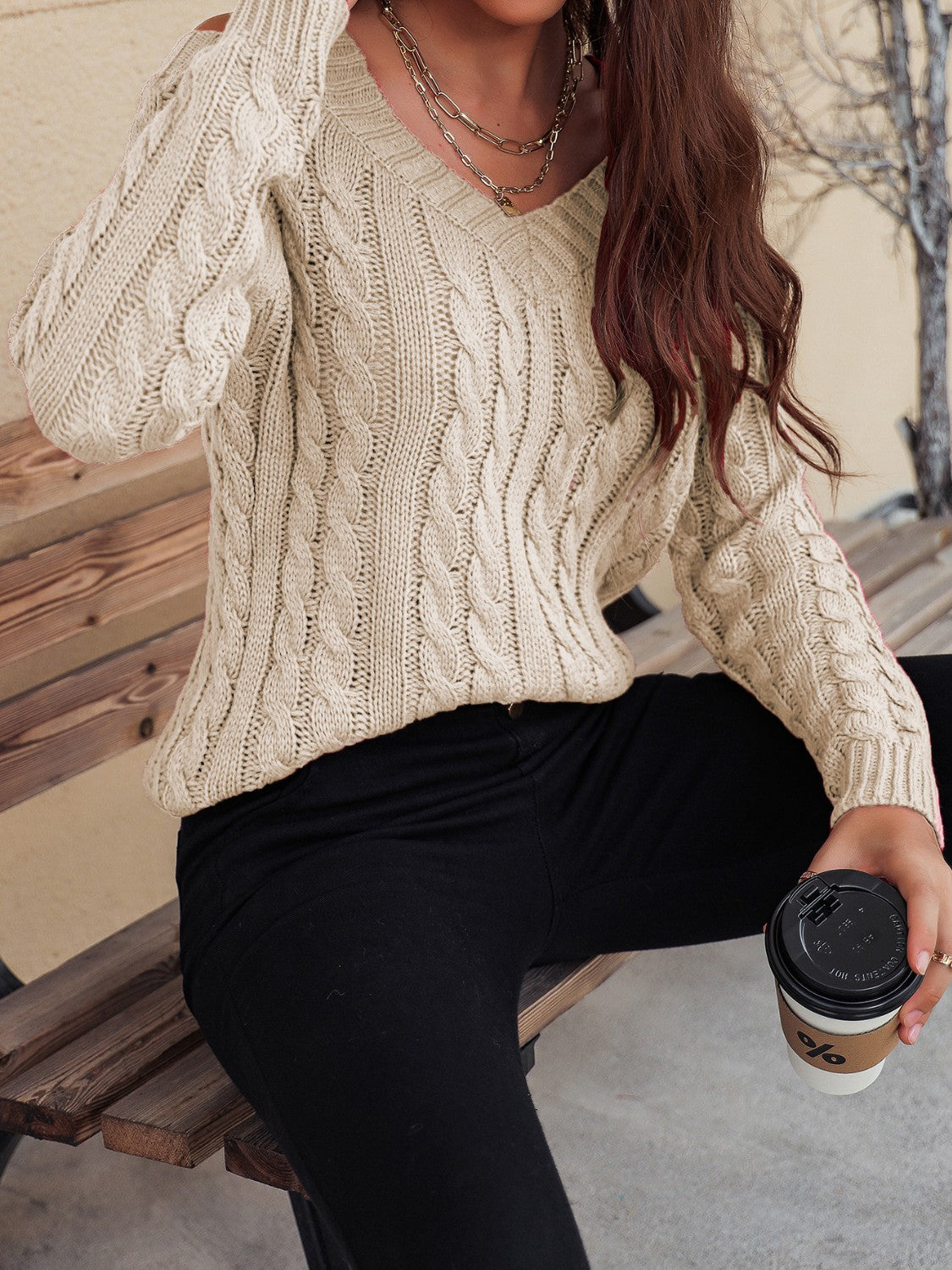 Honey Cable-Knit V-Neck Cold Shoulder Sweater-TOPS / DRESSES-[Adult]-[Female]-2022 Online Blue Zone Planet