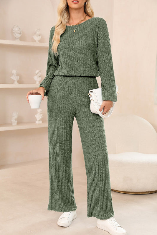 Round Neck Long Sleeve Jumpsuit-TOPS / DRESSES-[Adult]-[Female]-Sage-S-2022 Online Blue Zone Planet