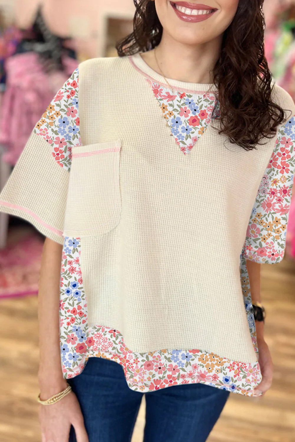 Beige Floral Patchwork Chest Pocket Wide Sleeve Waffle T Shirt-Tops/Tops & Tees-[Adult]-[Female]-Beige-S-2022 Online Blue Zone Planet