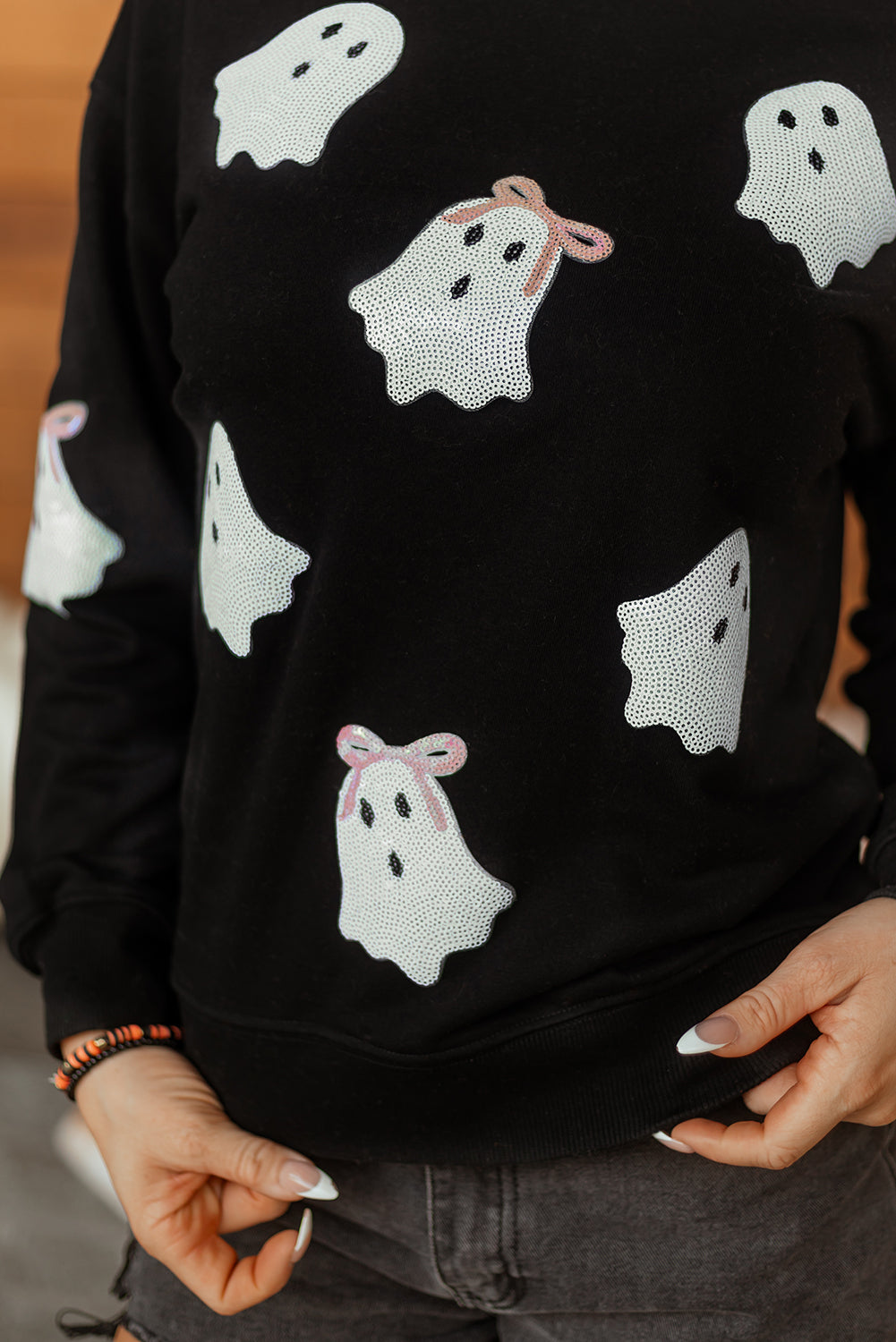 Black Sequin Cute Bow Ghost Graphic Crew Neck Halloween Sweatshirt-Graphic/Graphic Sweatshirts-[Adult]-[Female]-2022 Online Blue Zone Planet