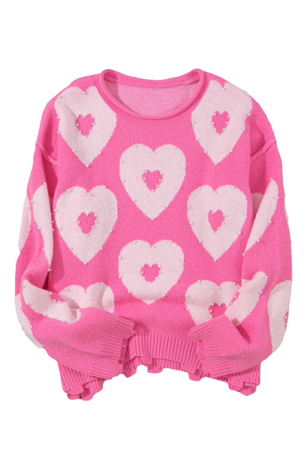 Bonbon Pearl Beaded Heart Drop Shoulder Sweater-Sweaters-[Adult]-[Female]-2022 Online Blue Zone Planet