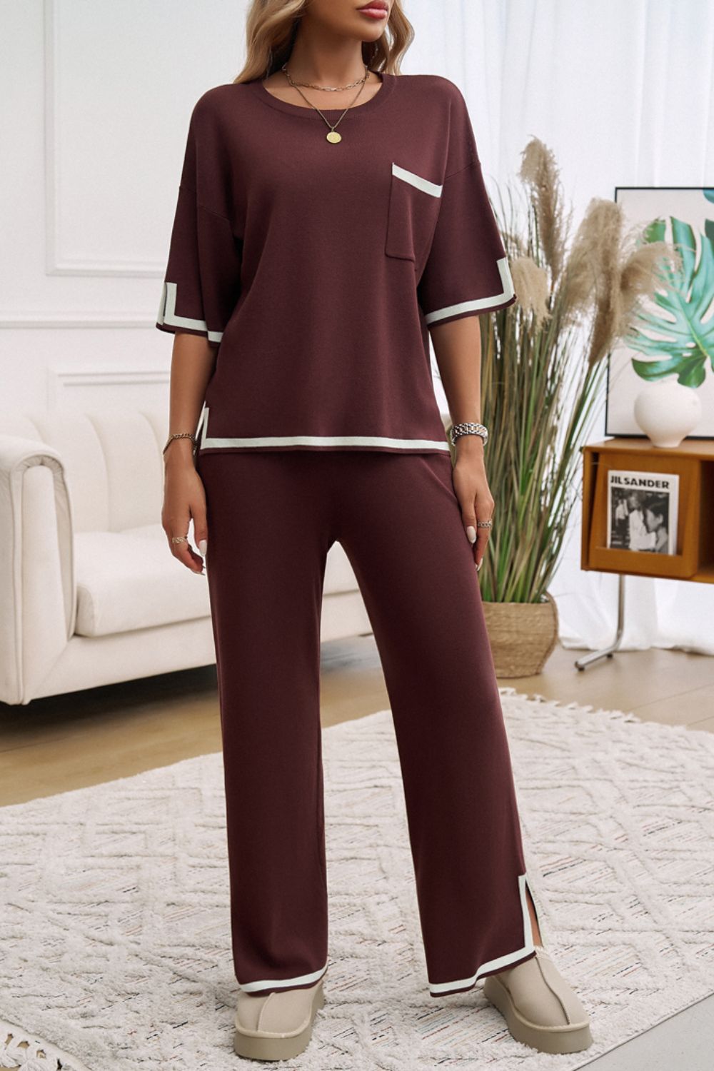 Devine Contrast Trim Half Sleeve Top and Pants Set-TOPS / DRESSES-[Adult]-[Female]-Chocolate-S-2022 Online Blue Zone Planet