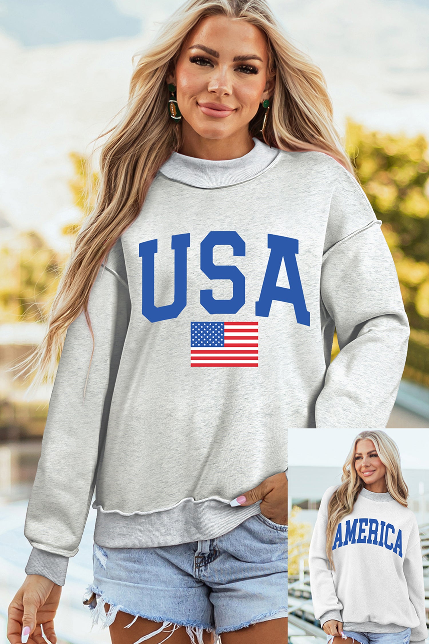 Light Grey Mock Neck Reversible USA/America Graphic Sweatshirt-Graphic/Graphic Sweatshirts-[Adult]-[Female]-2022 Online Blue Zone Planet