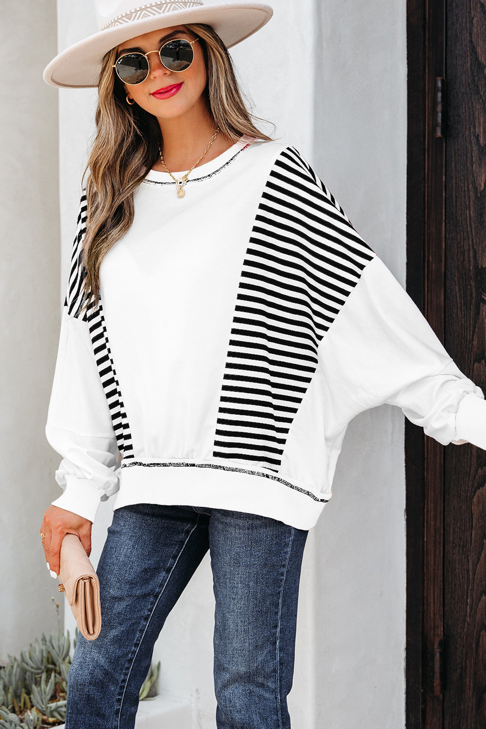 White Stripe Colorblock Patchwork Contrast Stitching Oversize Sweatshirt-Tops/Sweatshirts & Hoodies-[Adult]-[Female]-2022 Online Blue Zone Planet
