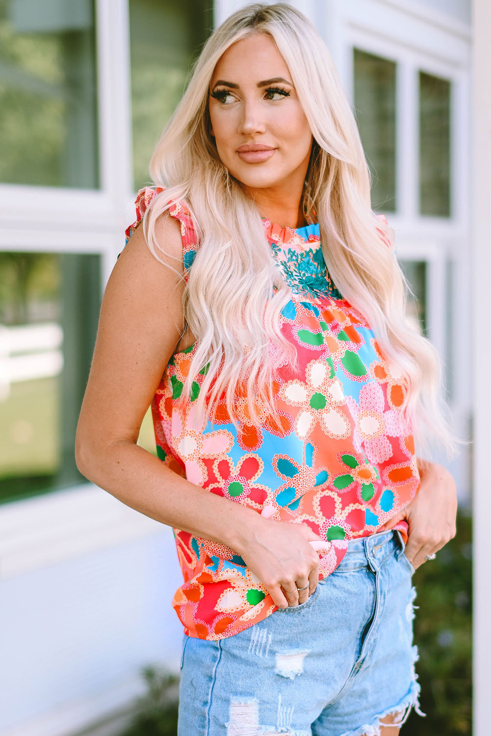 Pink Embroidered Detail Floral Print Ruffle Trim Tank Top-Tops/Tank Tops-[Adult]-[Female]-2022 Online Blue Zone Planet