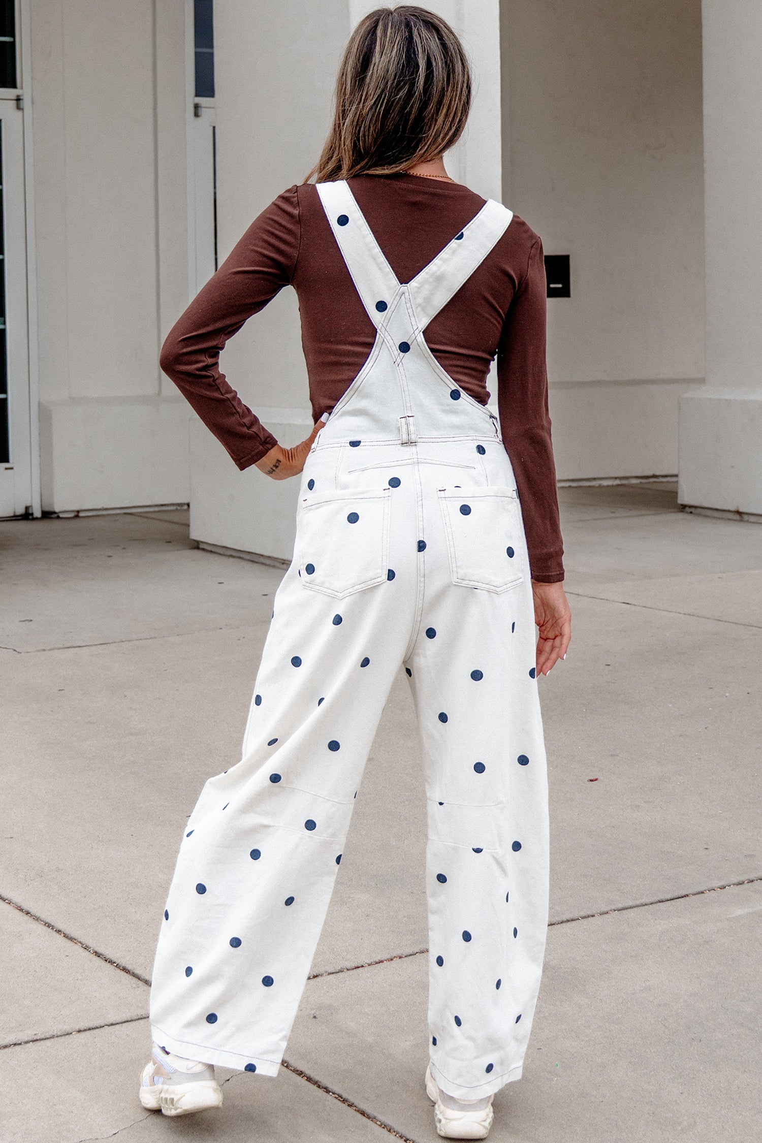 Jet Stream Polka Dot Print Bib Pocket Denim Barrel Overalls Jumpsuit-Bottoms/Jumpsuits & Rompers-[Adult]-[Female]-2022 Online Blue Zone Planet